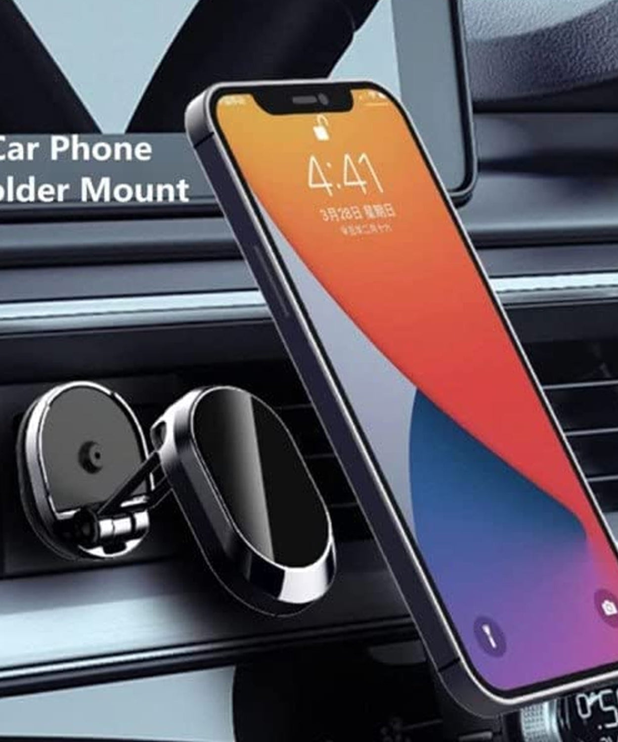Compact metal car phone holder.