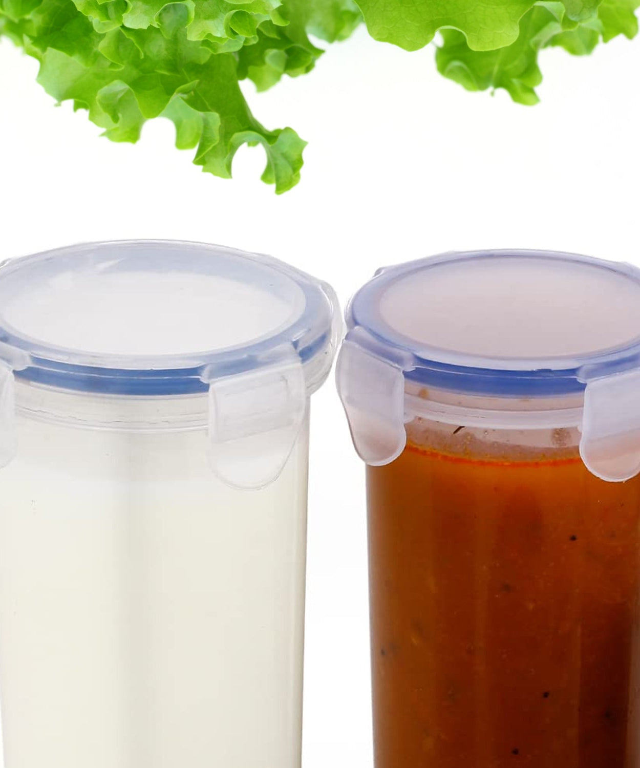 Round plastic container with leak-proof locking lid for secure food storage.