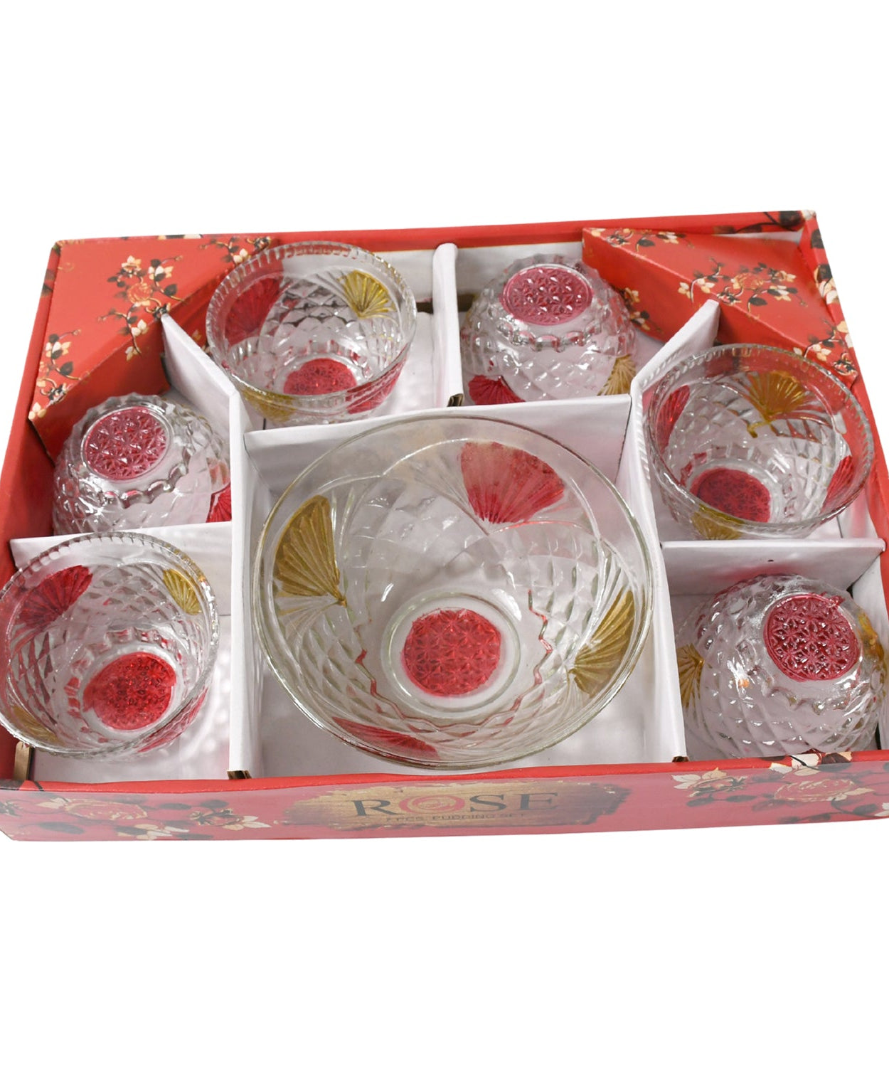 Rose glass Multipurpose Pudding / Dessert / Ice Cream Bowl Set for Home use, Home & Kitchen Serving Bowl for Sundae, Sweets, Snacks, Fruit, Pudding, Nuts or Dip, Serving Bowls 6 Medium & 1 Big Bowl (Set of 7 pc)