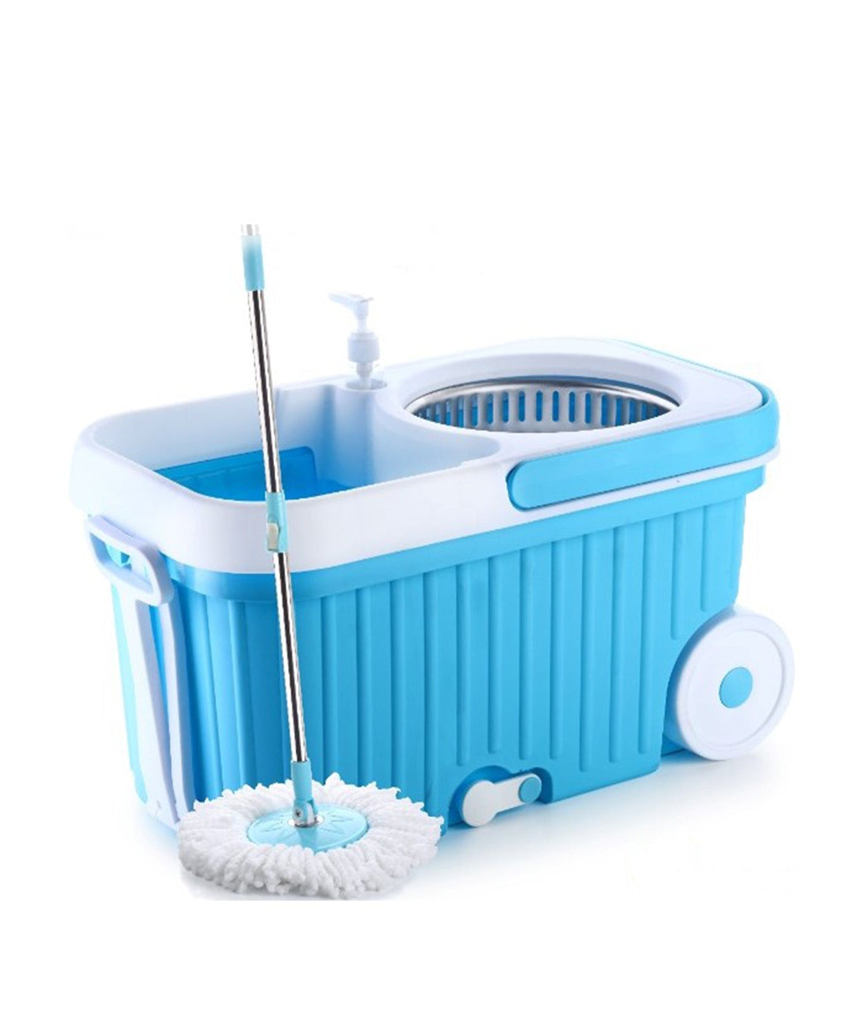 Spin mop with 360-degree cleaning feature, larger wheels and plastic handle, shown from different angles.
