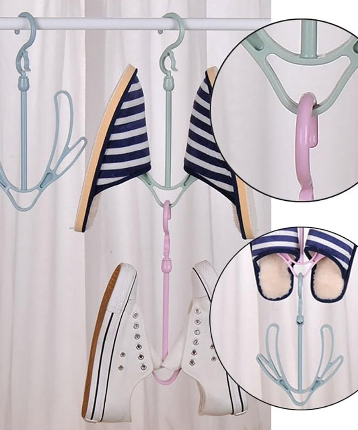 Shoe drying rack with rotatable feature, perfect for hanging shoes in various spaces.