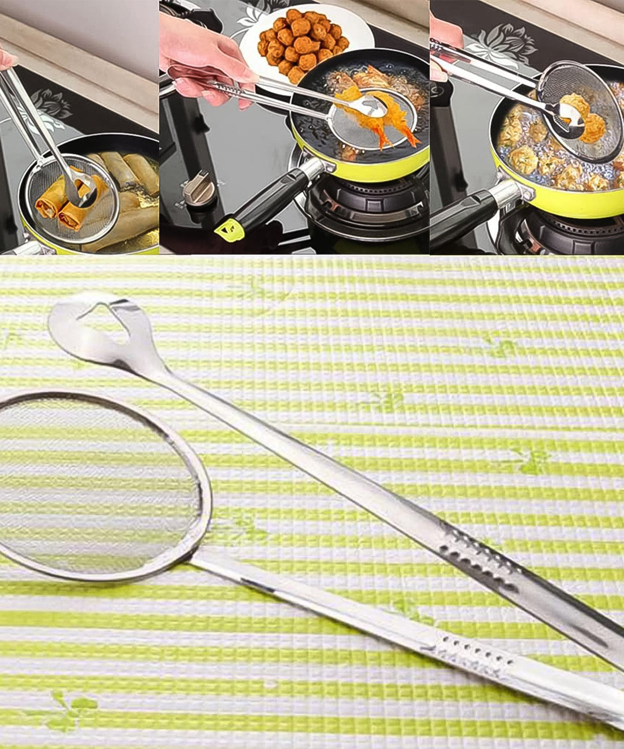 2In1 Stainless Steel Filter Spoon with Clip Food Kitchen Oil-Frying Multi-Functional