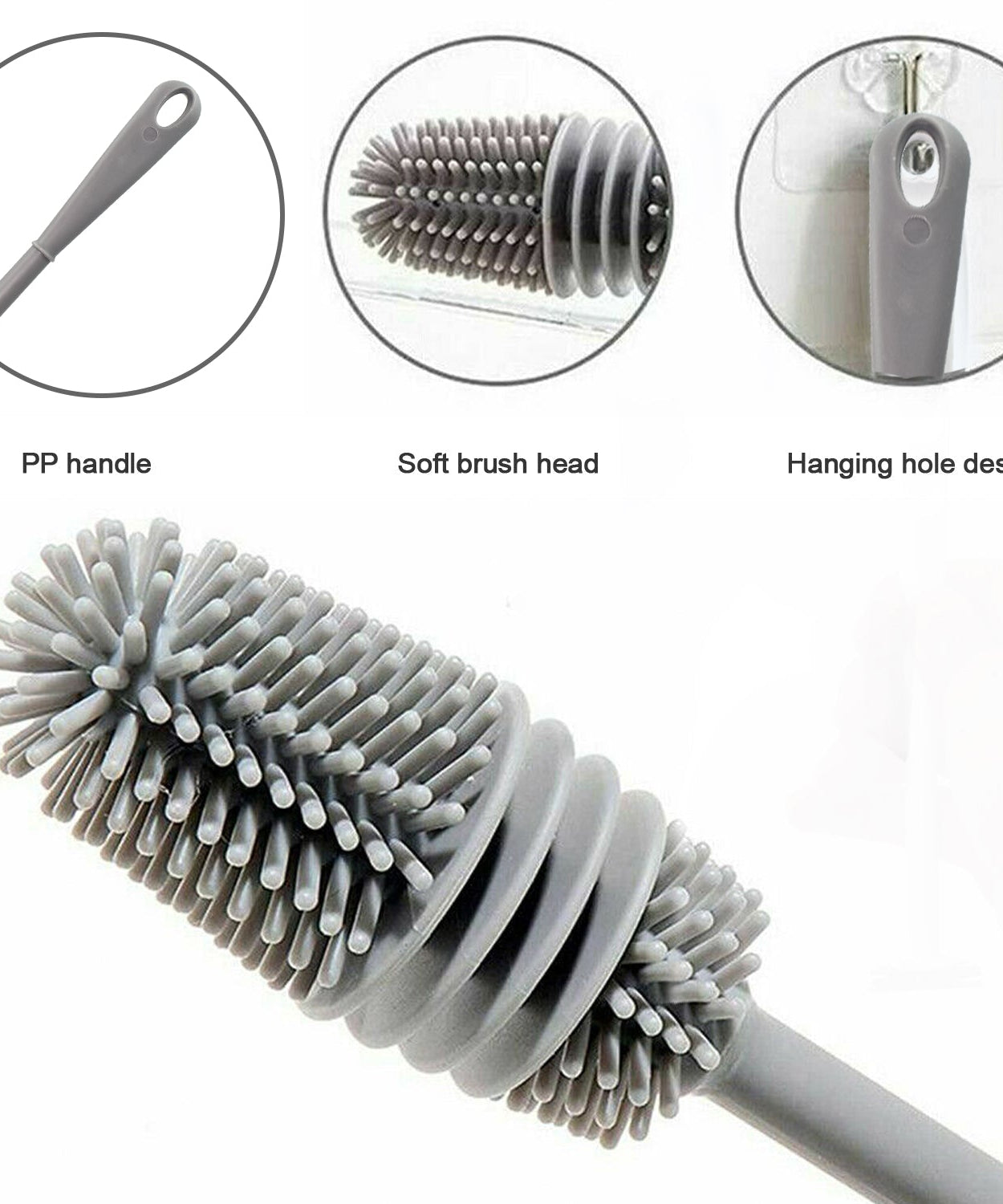 Durable cleaning brush for bottles and jars