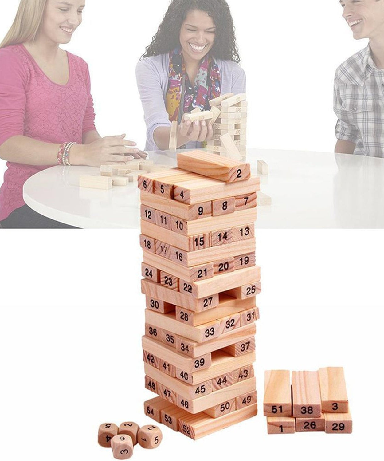 54 Pcs Blocks 4 Dices Wooden Tumbling Stacking Building