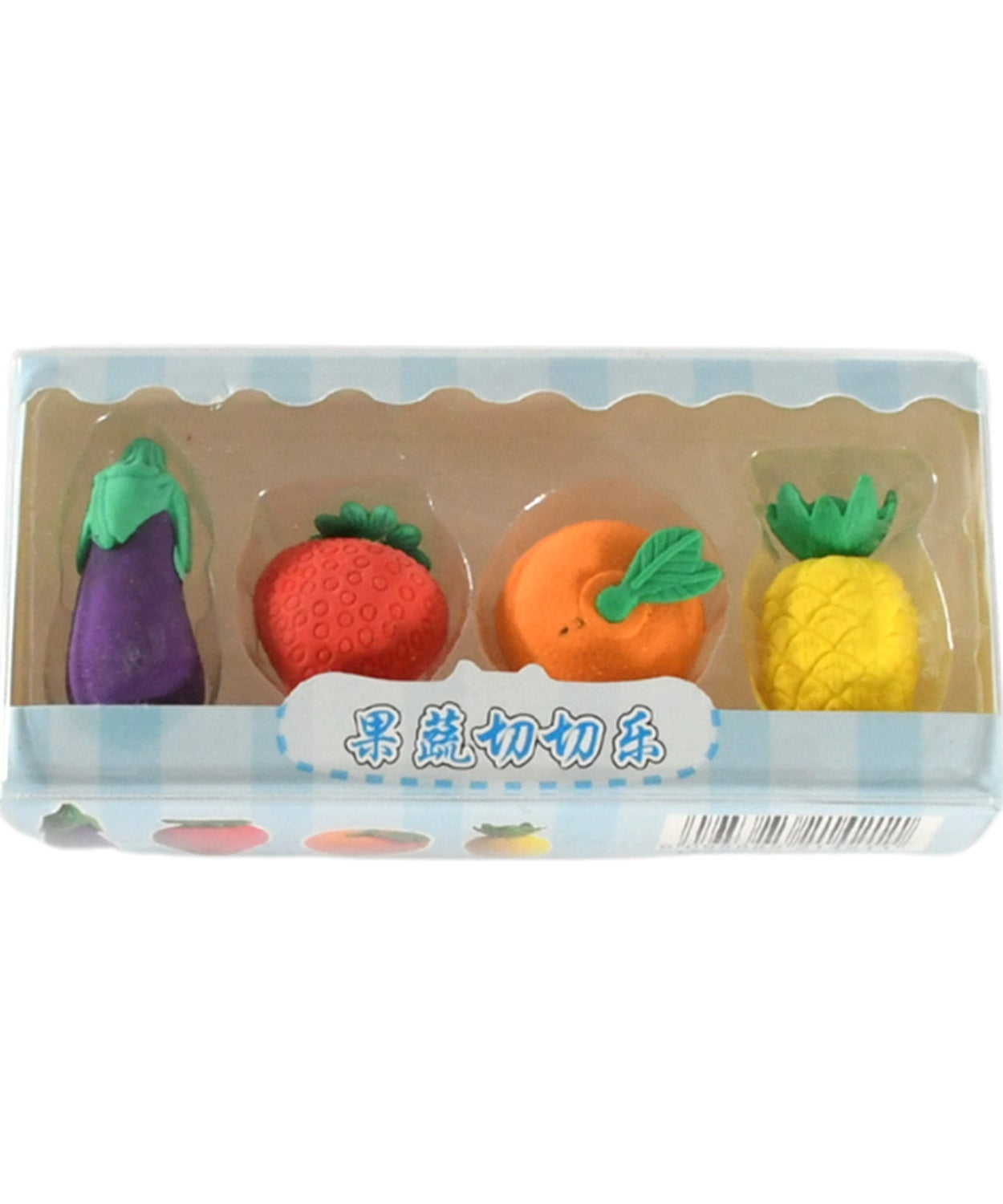 Mini Cute Veg & Fruit Erasers – 3D Colorful Eraser Set for Kids (4 Pc)