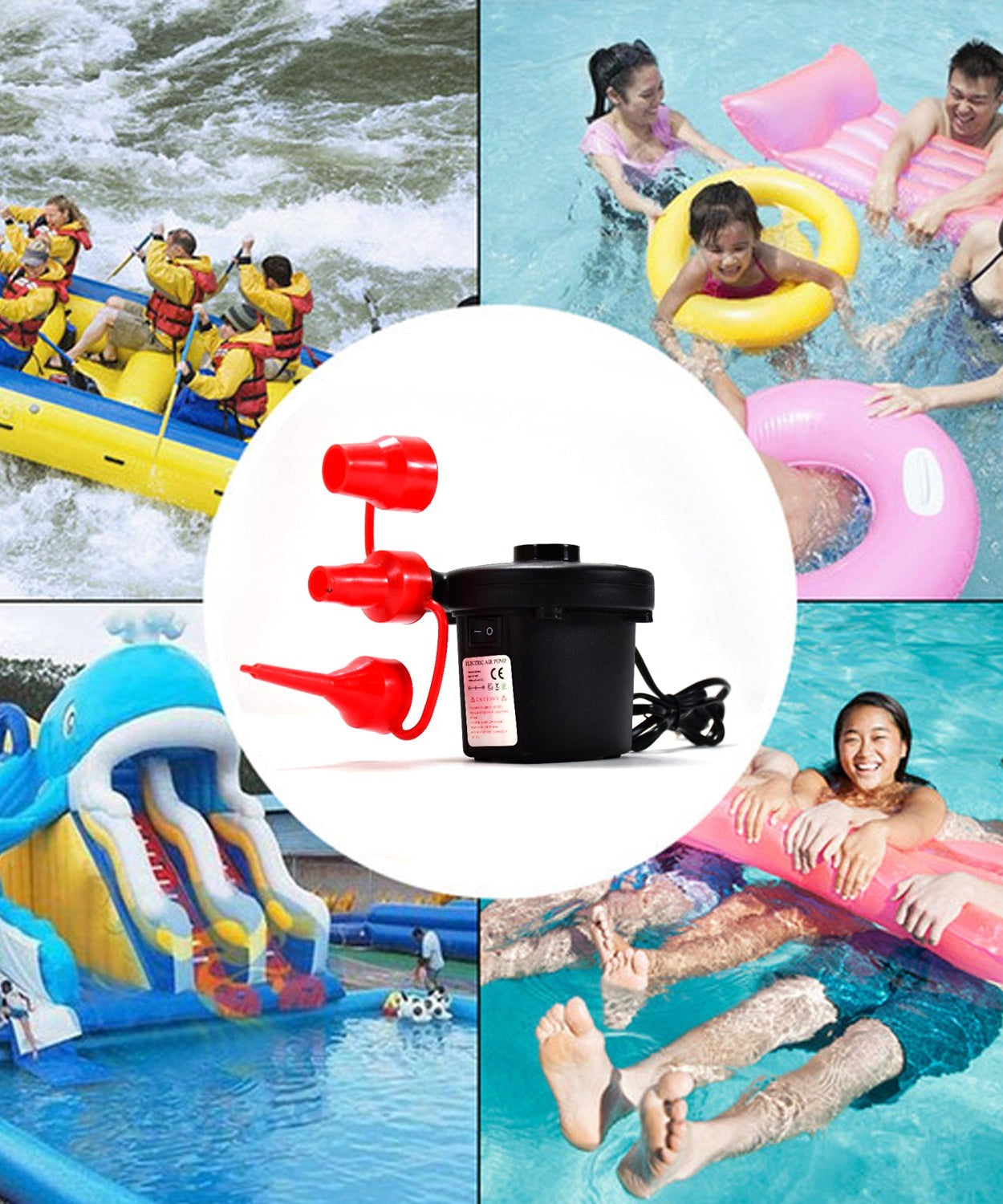 Electric pump for inflating with three nozzle attachments