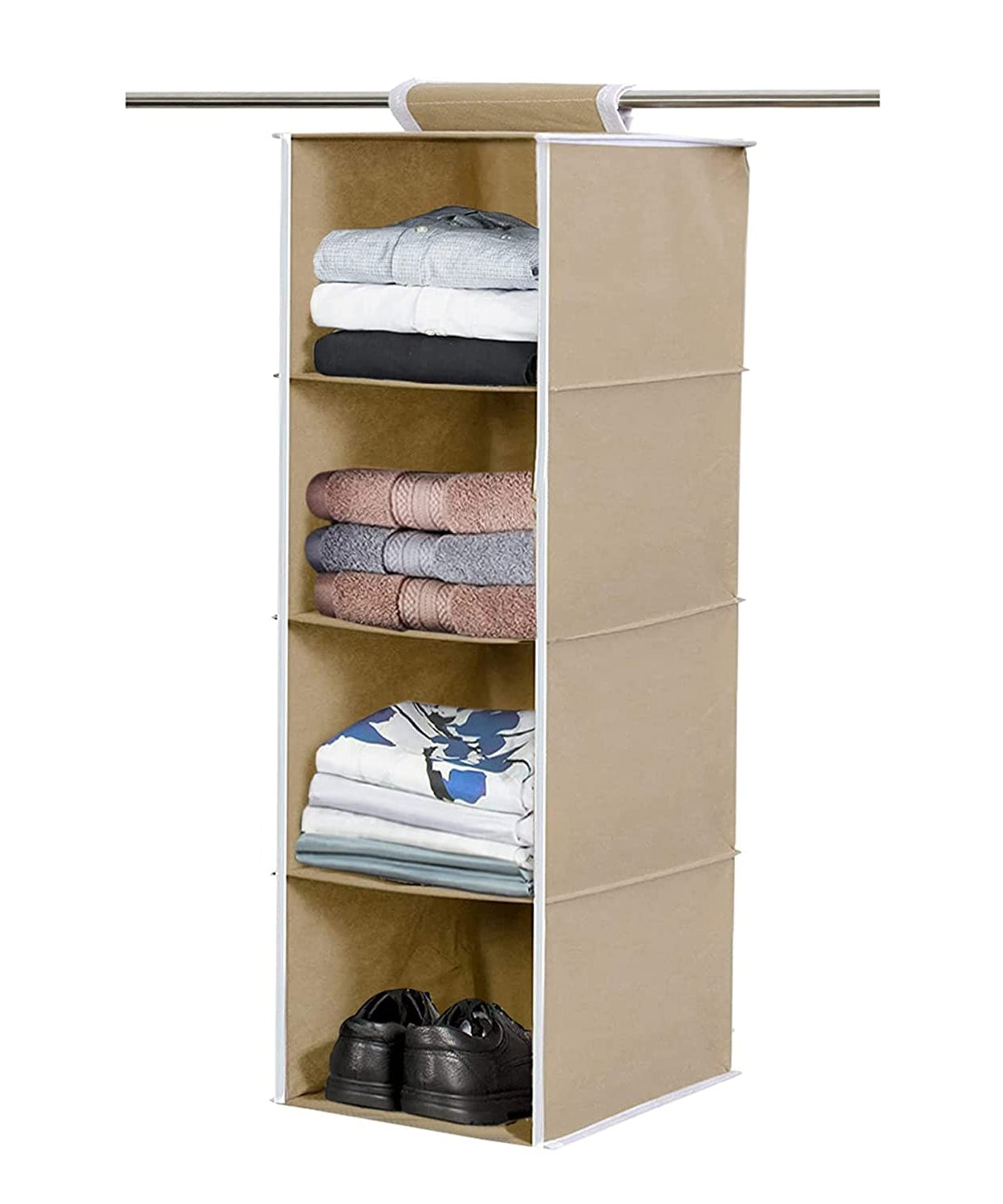 Hanging 4-shelf closet organizer, fabric, in use