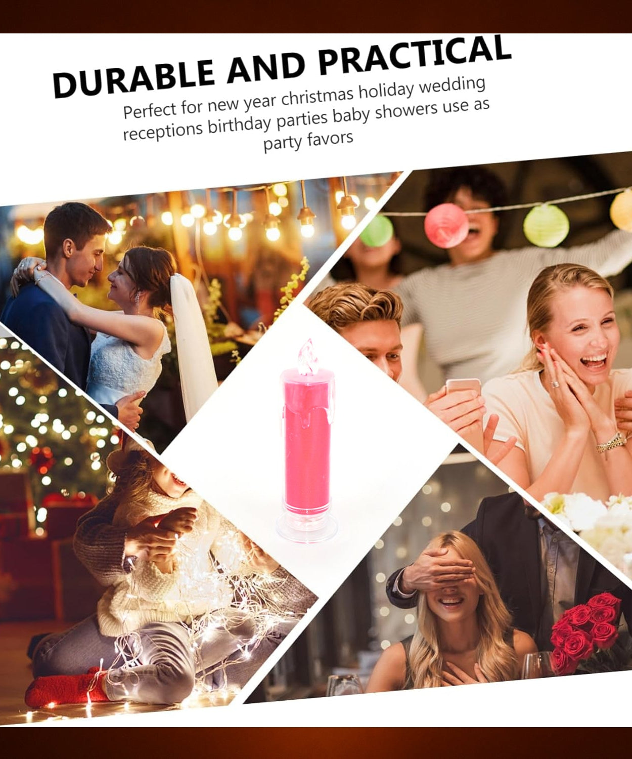 Various angles of the red flameless candle, showing its use in festive and home decor.