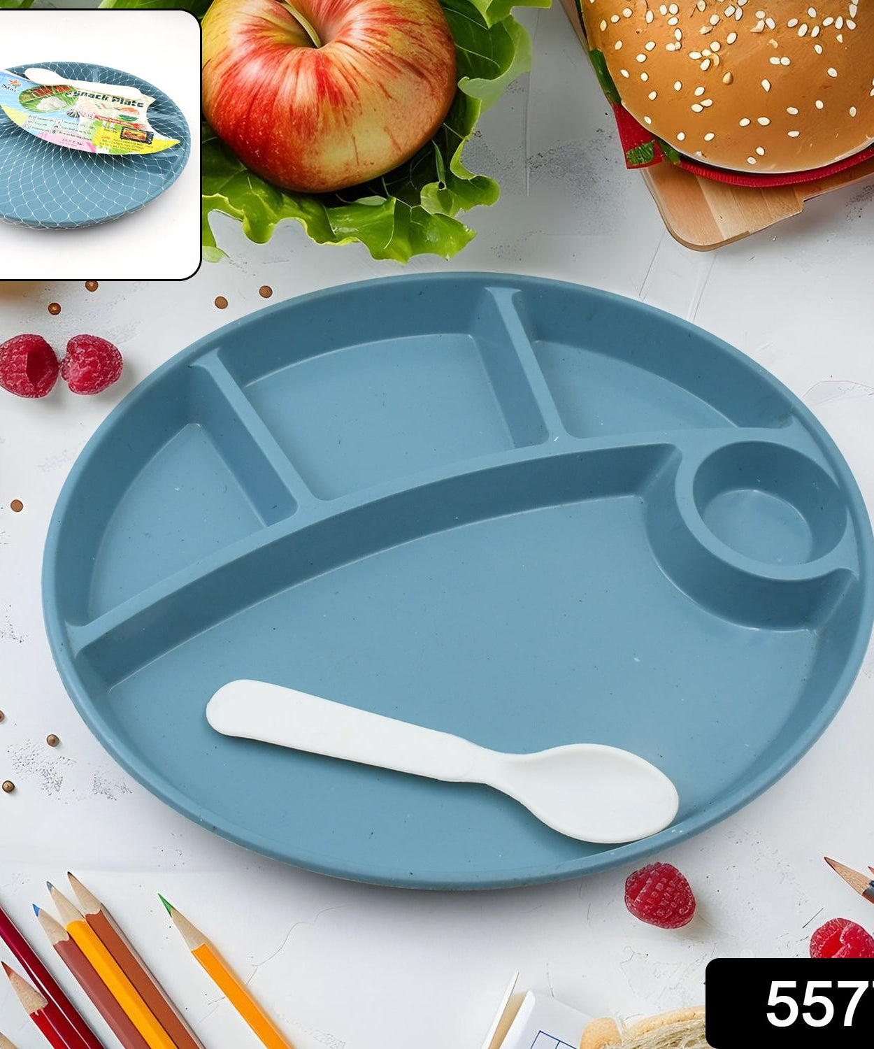 Plastic Food Plates / Biodegradable 5 Compartment Plate With Spoon for Food Snacks / Nuts / Desserts Plates for Kids, Reusable Plates for Outdoor, Camping, BPA-free (1 Pc)