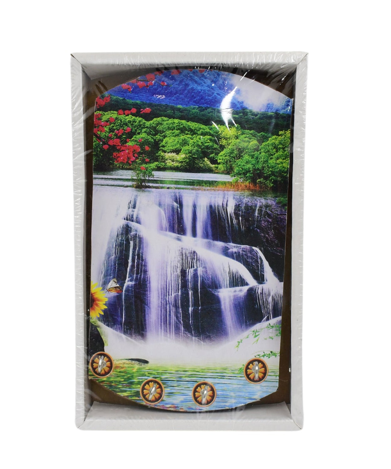 Vertical scenery art in wood with hooks for hanging.