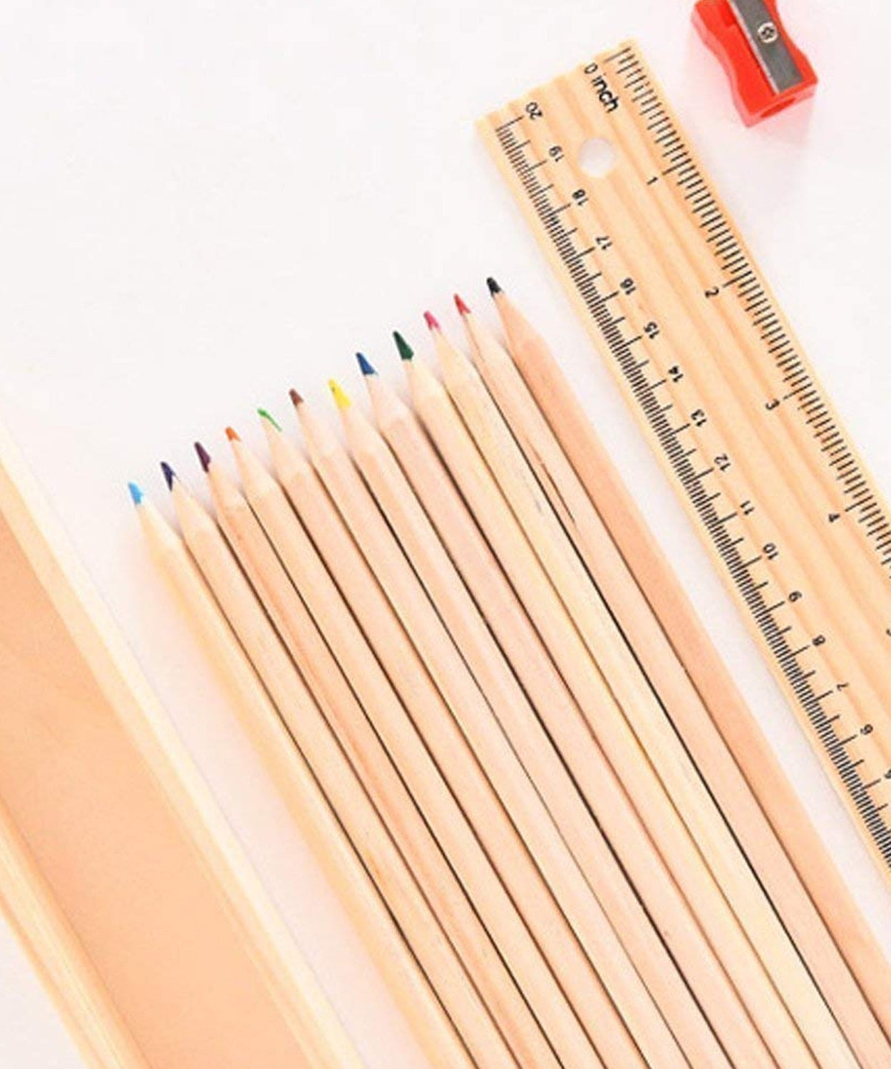 Colorful Wooden Pencil Set with Pencil box, Ruler, Sharpener For for Kids, Artist, Architect (12 Pcs Set)