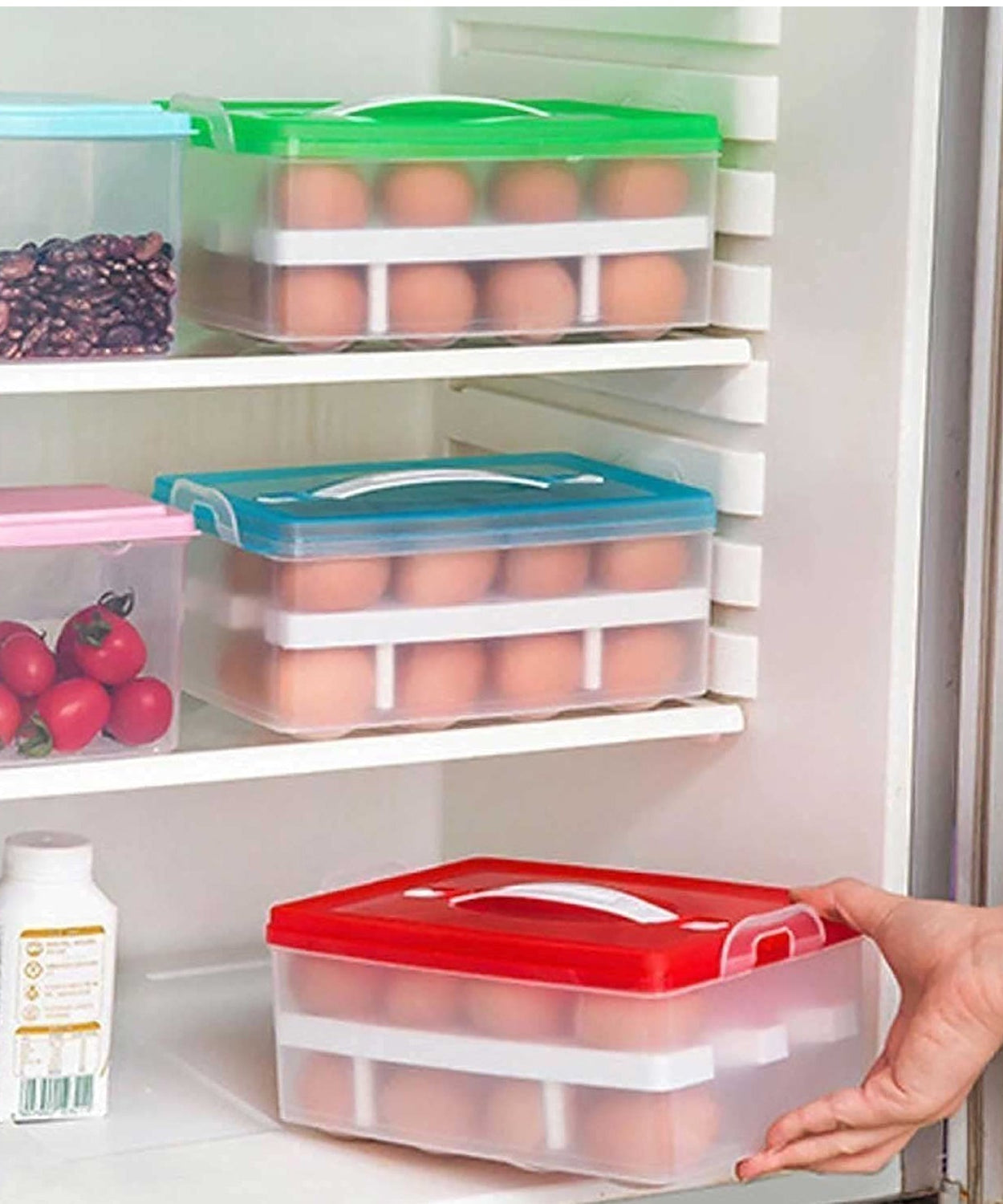 2Layer, 32 Grid Egg Tray with Lid Egg Carrier Holder for Refrigerator, Camping Food Storage Container with Handle (1 Pc )