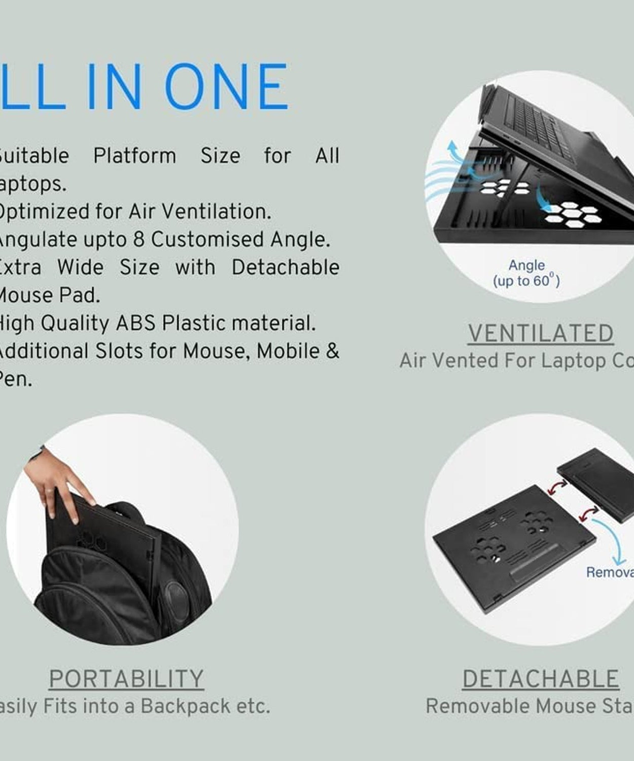 Laptop stand with free phone holder, foldable, suitable for notebooks and tablets.