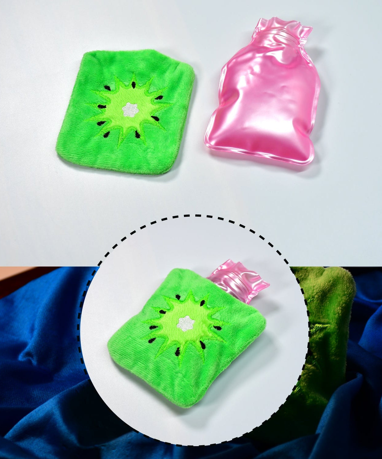 Small hot water bag with green sun cover, perfect for pain relief and warmth