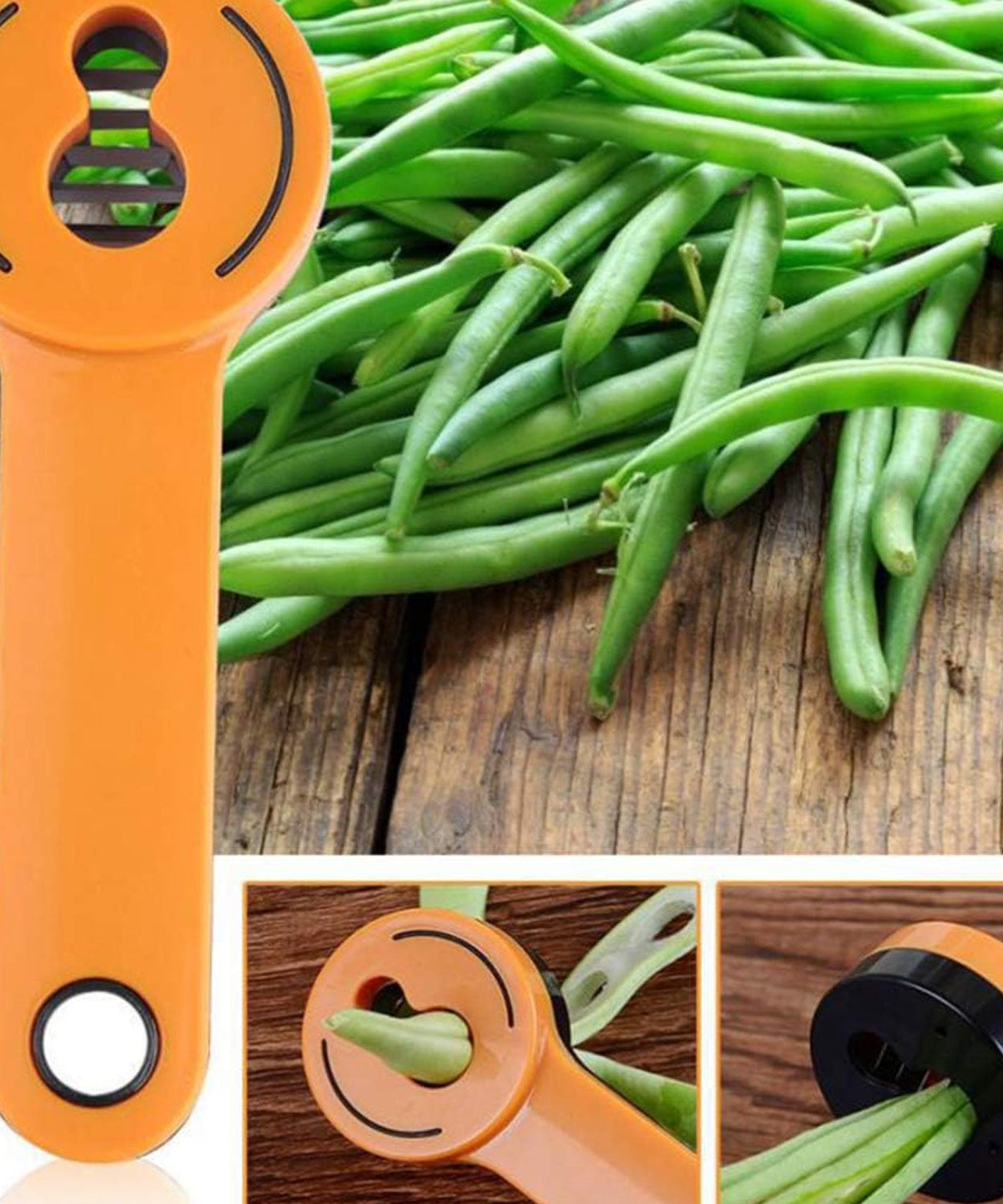 Easy-to-use kitchen tool for slicing, shredding, and grating beans and vegetables.
