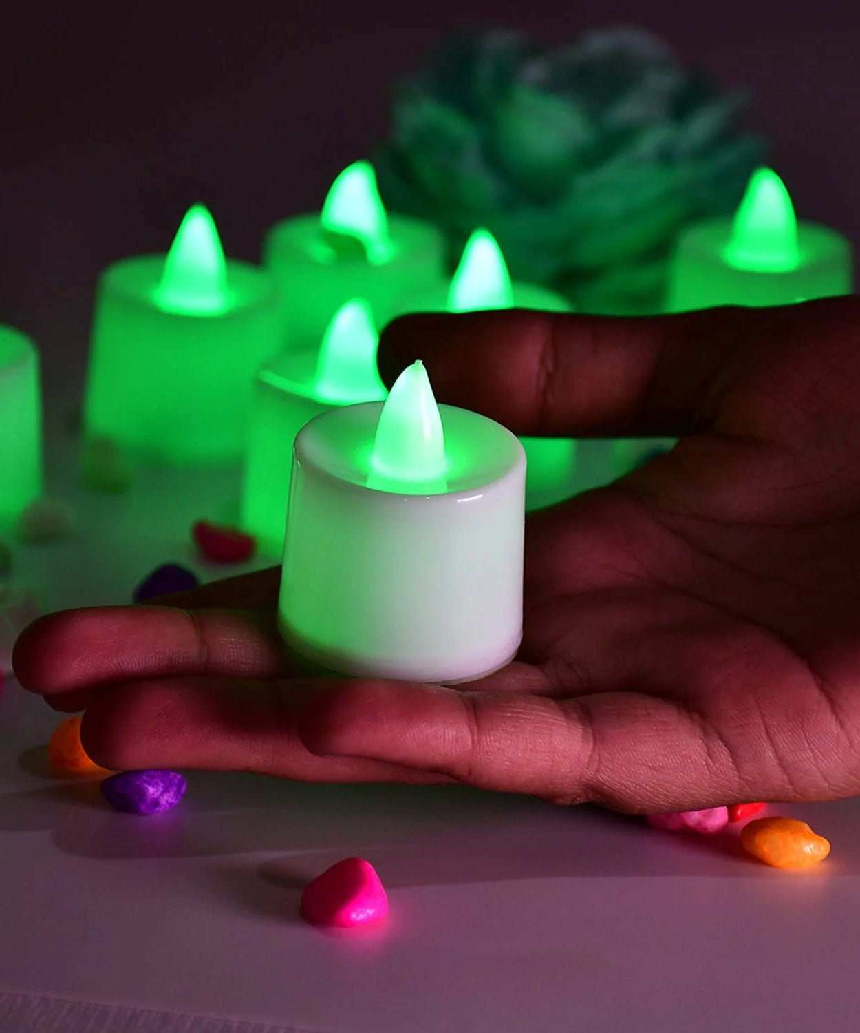 8-pack green LED tealights for home and festival decor