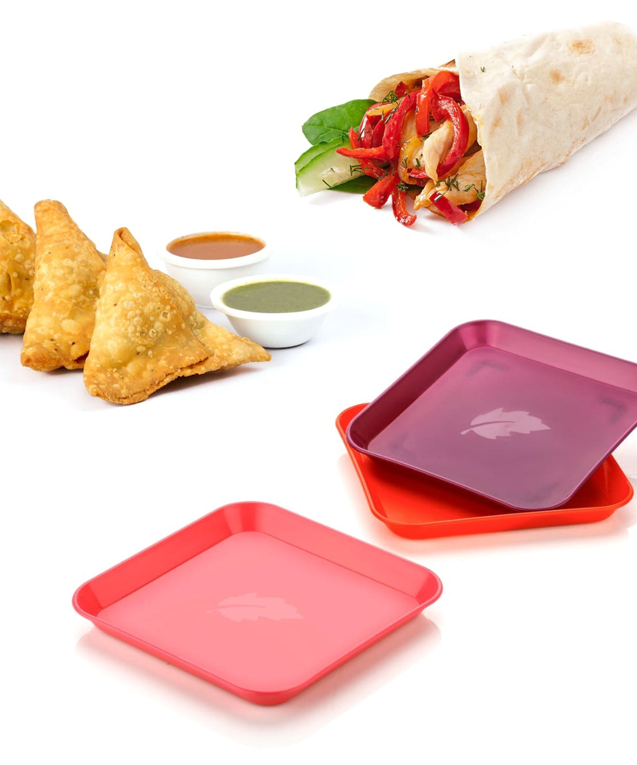 Set of six vibrant plastic dinner plates.