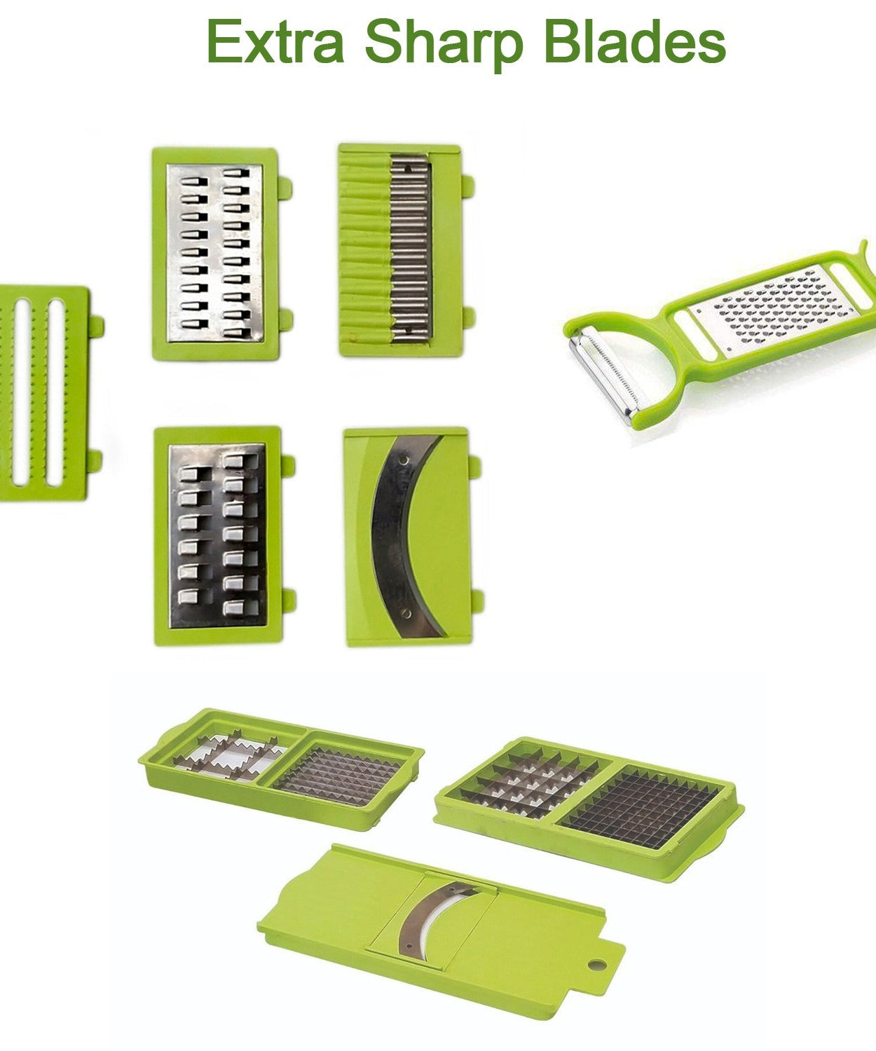 Versatile plastic grater and slicer, includes multiple attachments
