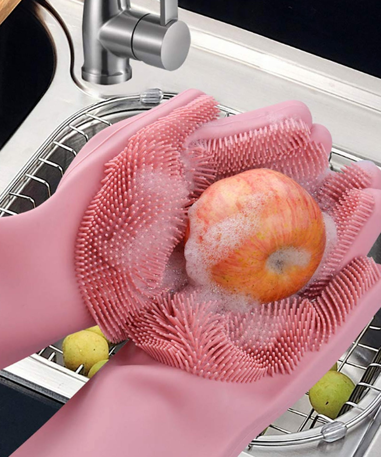 Dishwashing Gloves with Scrubber| Silicone Cleaning Reusable Scrub Gloves for Wash Dish Kitchen| Bathroom| Pet Grooming Wet and Dry Glove (1 Pair, 250 Gm)