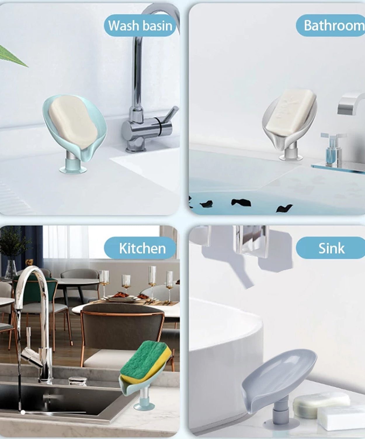 Soap holder with leaf design, self-draining for kitchen or bathroom.