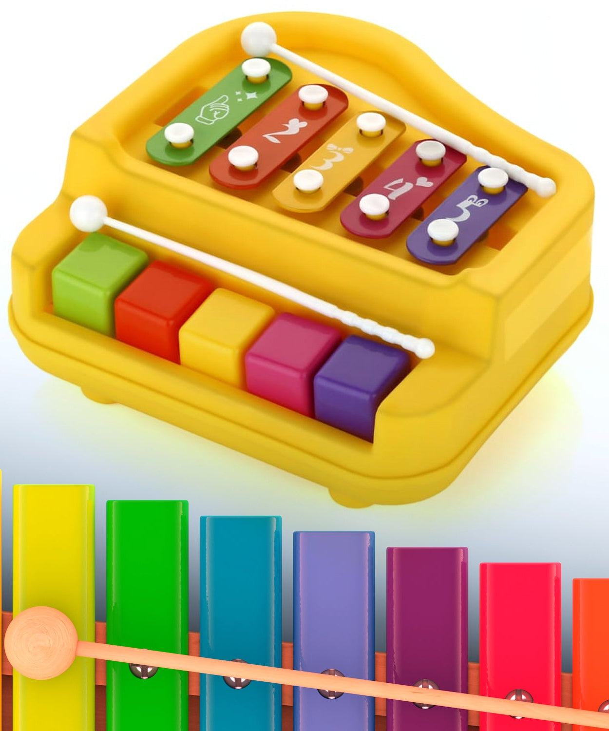 2 in 1 Baby Piano Xylophone Toy for Toddlers, 5 Multicolored Key Keyboard Xylophone Piano, Preschool Educational Musical Learning Instruments Toy for Baby Kids Girls Boys 3+ Years (1 Pc)