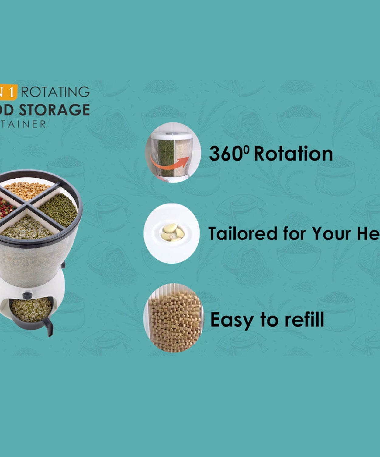 Container showing different storage sections.