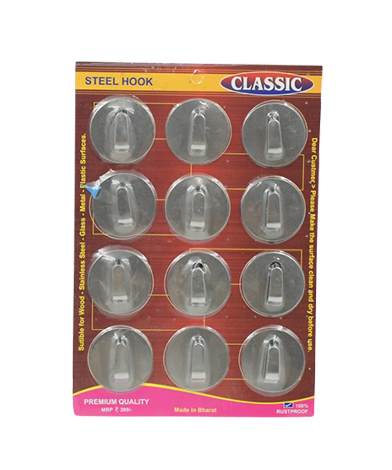 Self-adhesive steel hooks for home and office use