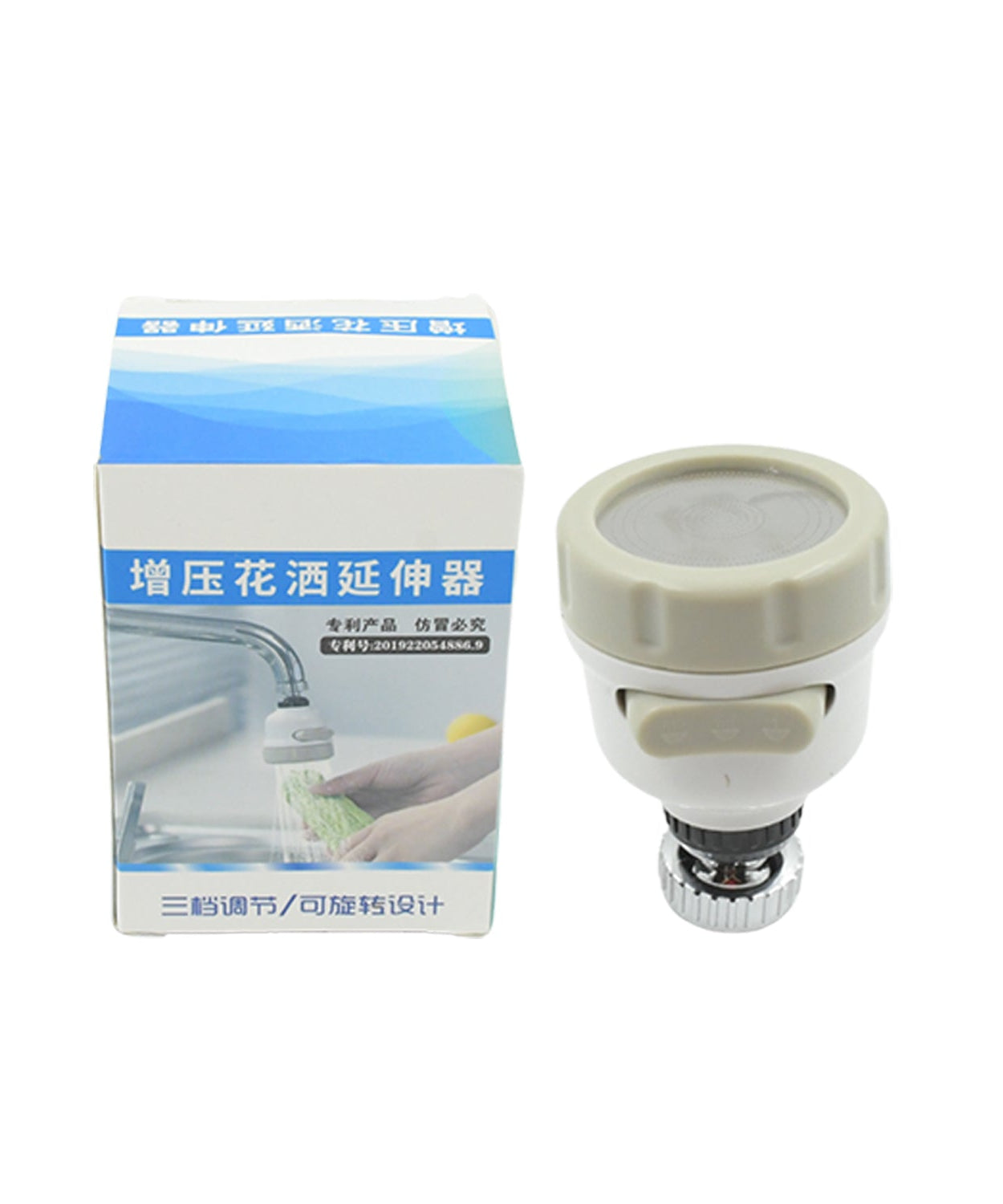 Faucet aerator installed on tap, demonstrating the 360-degree rotation and water-saving feature.