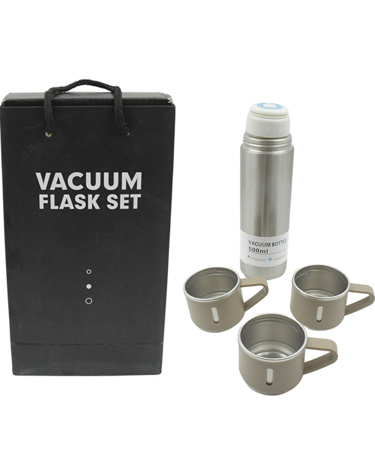 Stainless Steel Vacuum Flask Set with 3 Steel Cups Combo for Coffee Hot Drink and Cold Water Flask Ideal Gifting Travel Friendly Latest Flask Bottle. (500ml)