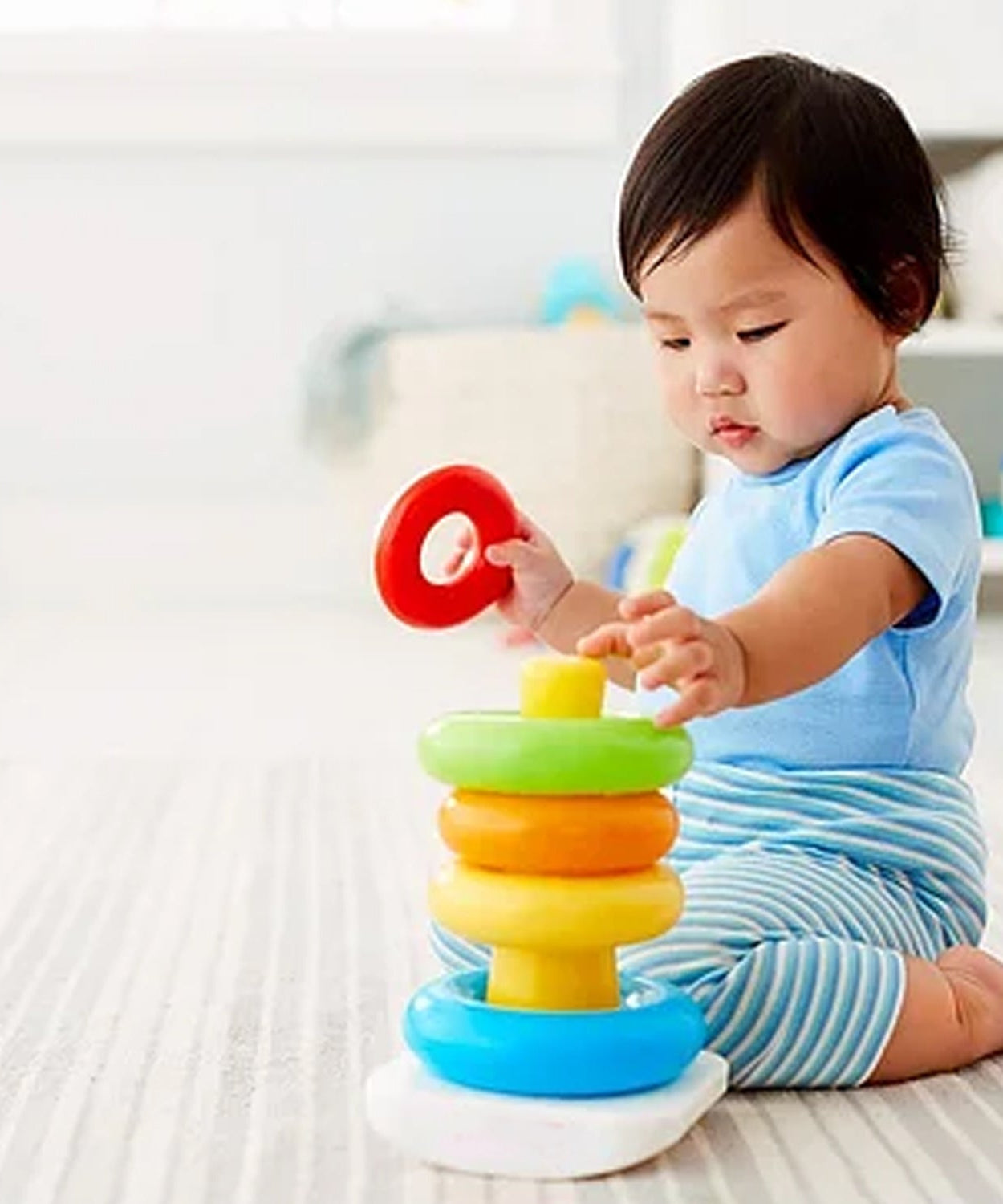 Brightly colored rings for developing motor skills.