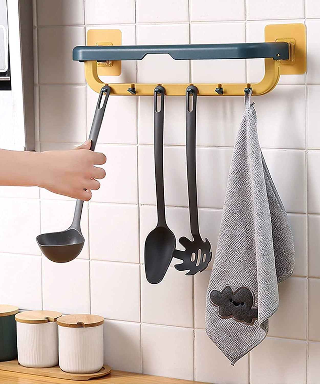 Wall-Mounted Double Bar Towel Holder with Hooks & Adjustable Folding Shelf