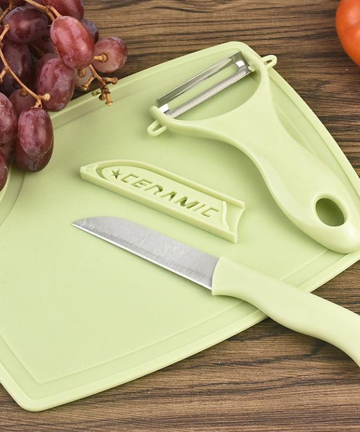 Plastic Kitchen Peeler - Green & Classic Stainless Steel 3-Piece Knife Set Combo