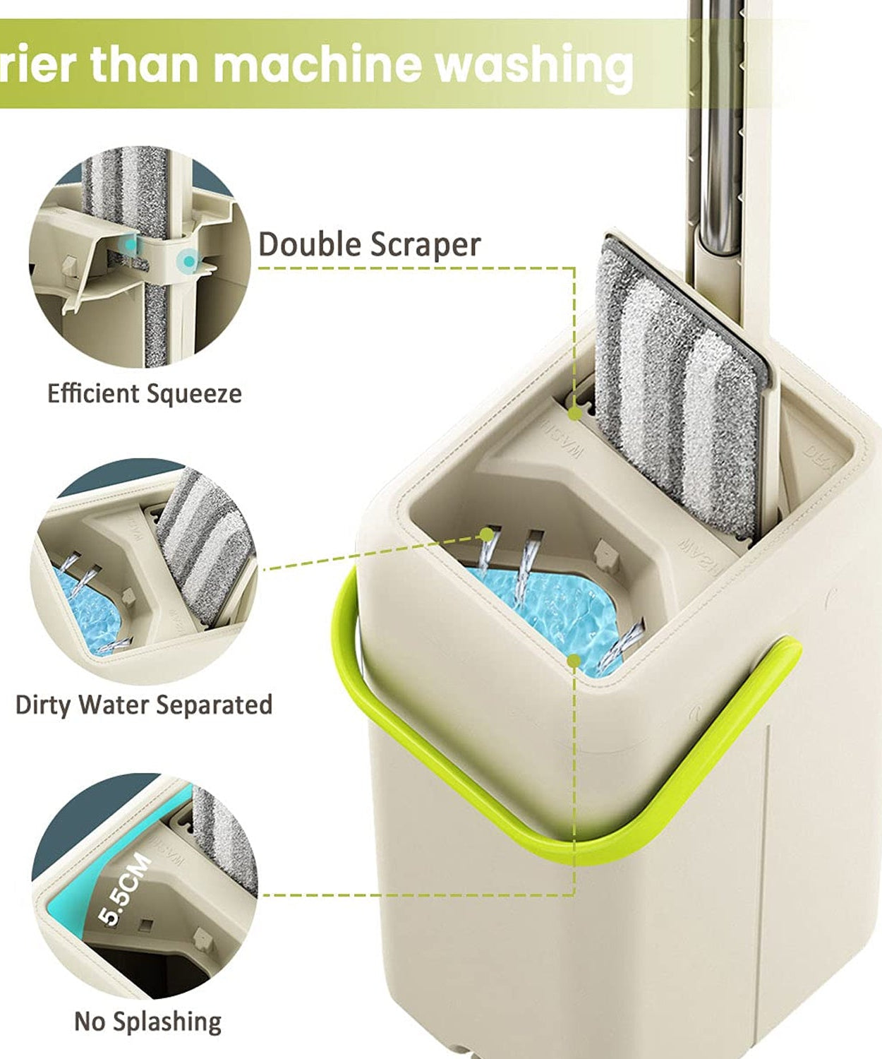 Flat mop with wringer for hardwood and laminate floors