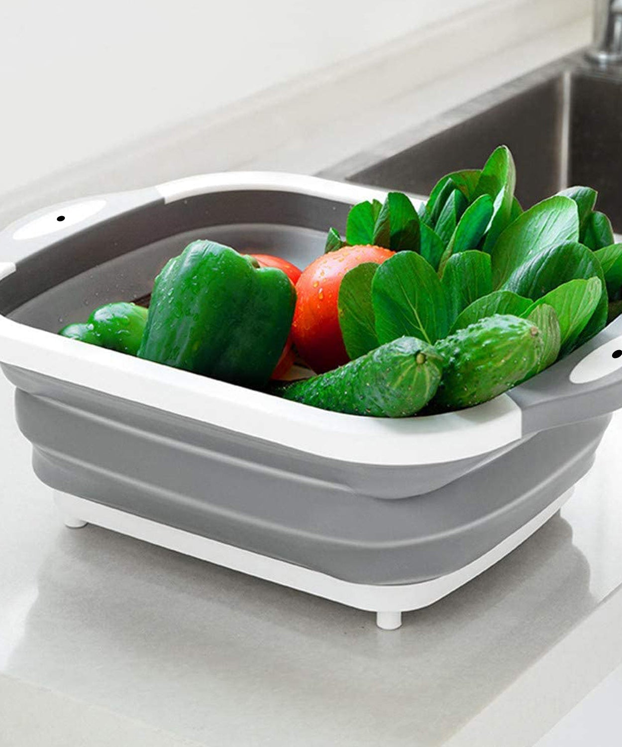 Dish tub basket with collapsible cutting board