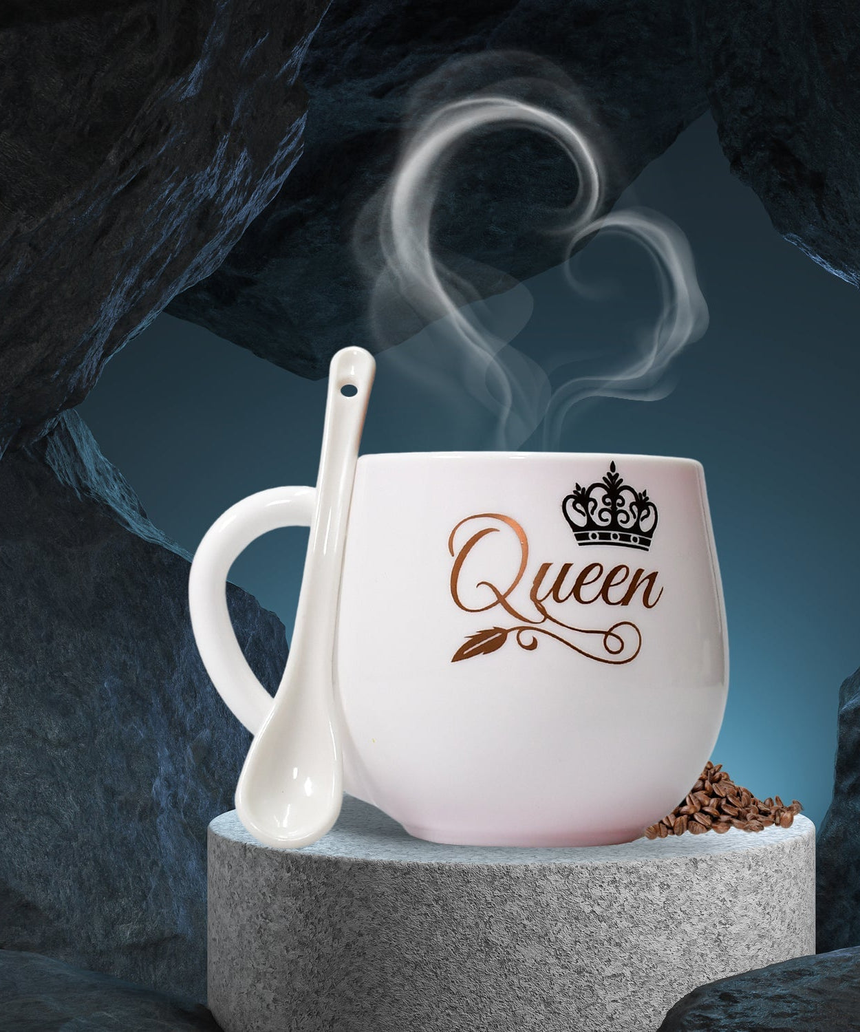 Ceramic mug with spoon, stylish design, microwave safe