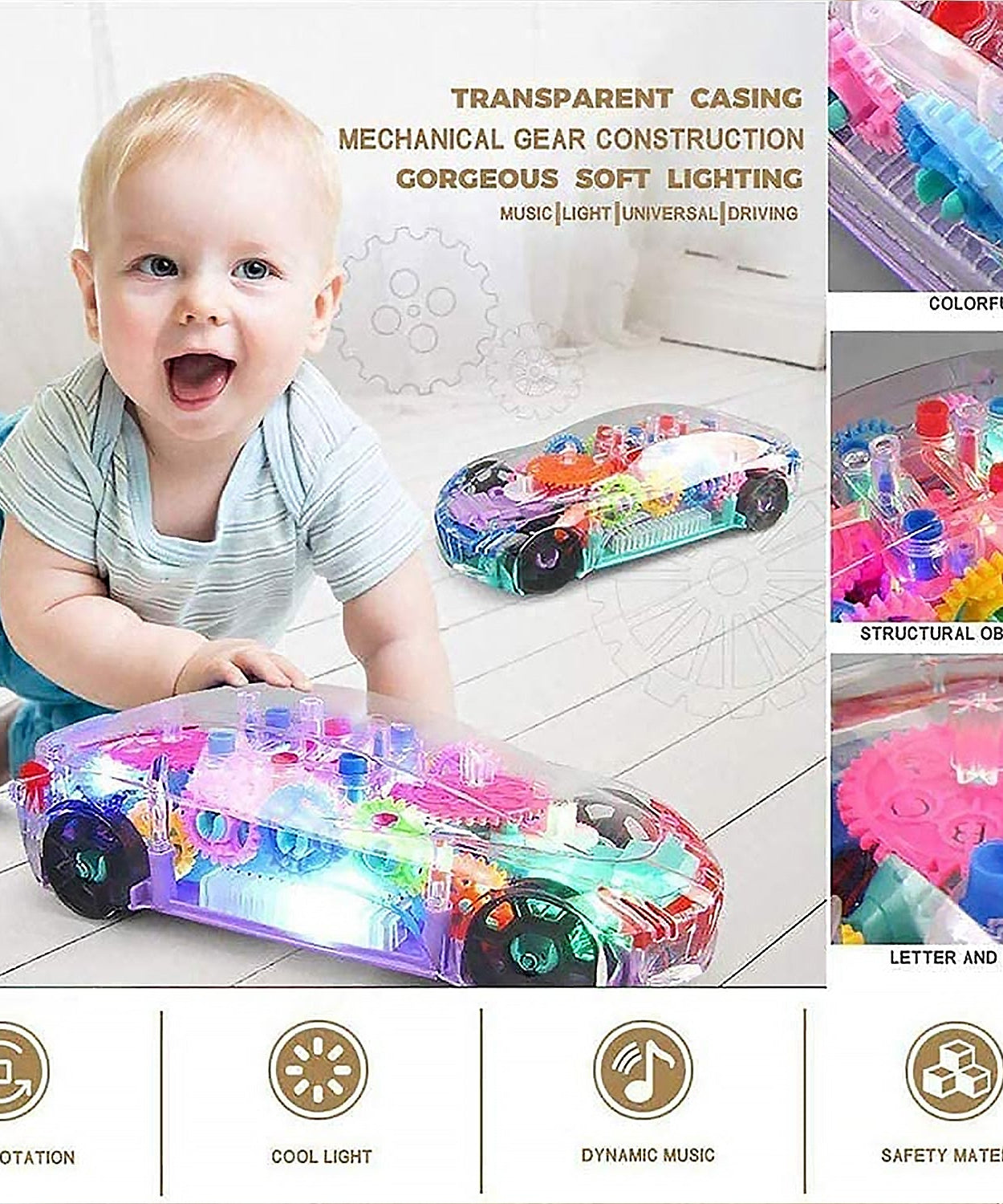 Automatic 360 Degree Rotating Transparent Gear Concept Car with Musical and 3D Flashing Lights Toy for Kids Boys & Girls (Multicolor / Battery Not Included)