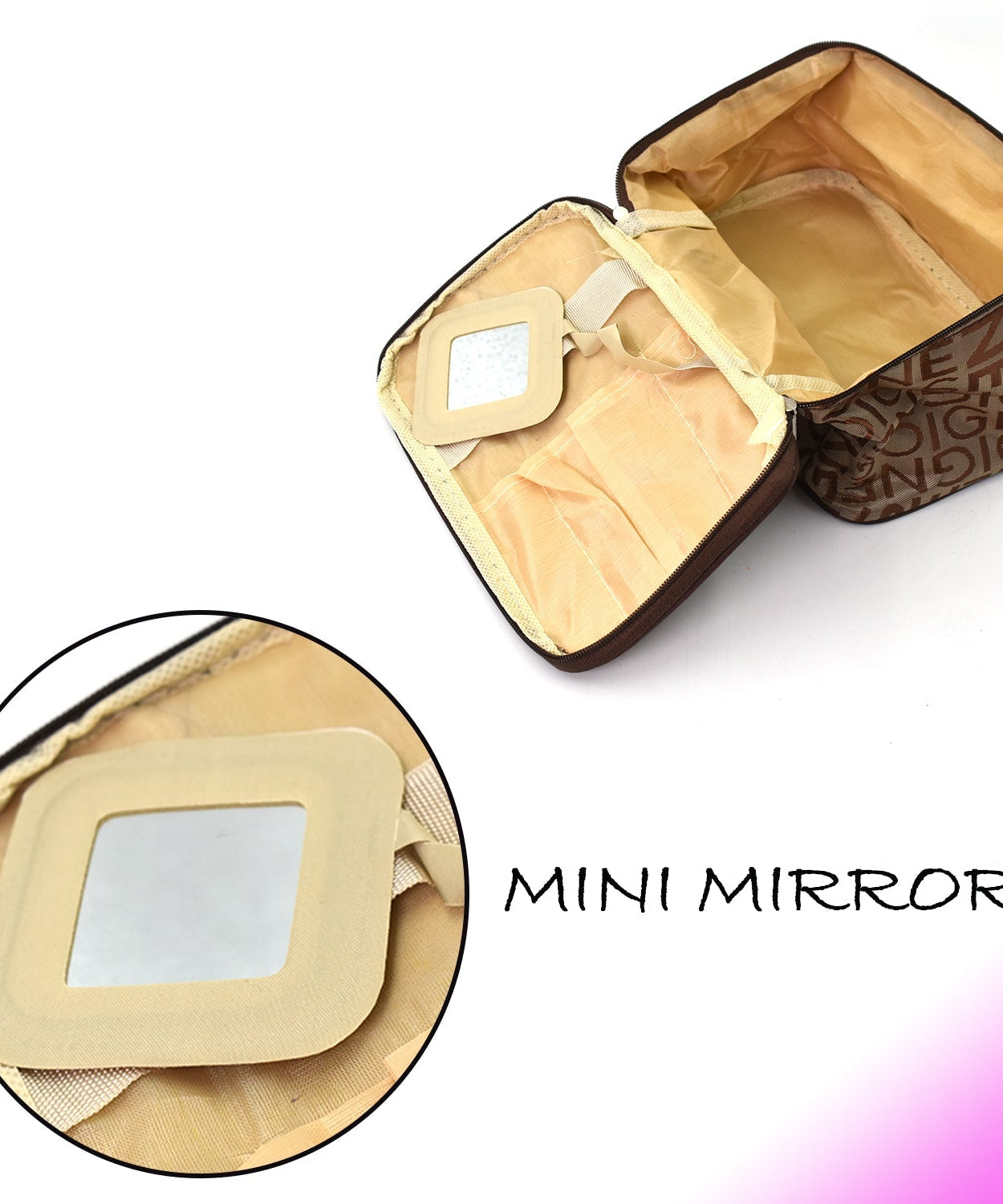 Travel makeup bag with multiple storage options.