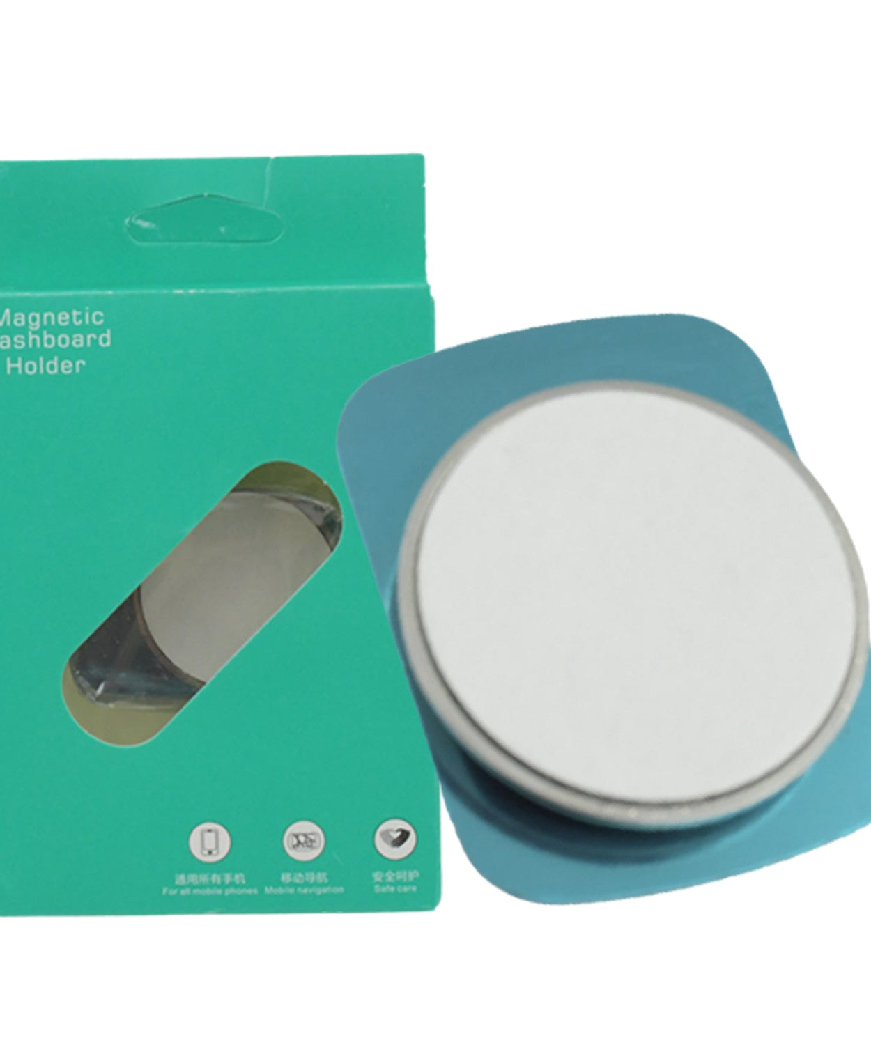 Metal magnetic holder for phones on car dashboards.