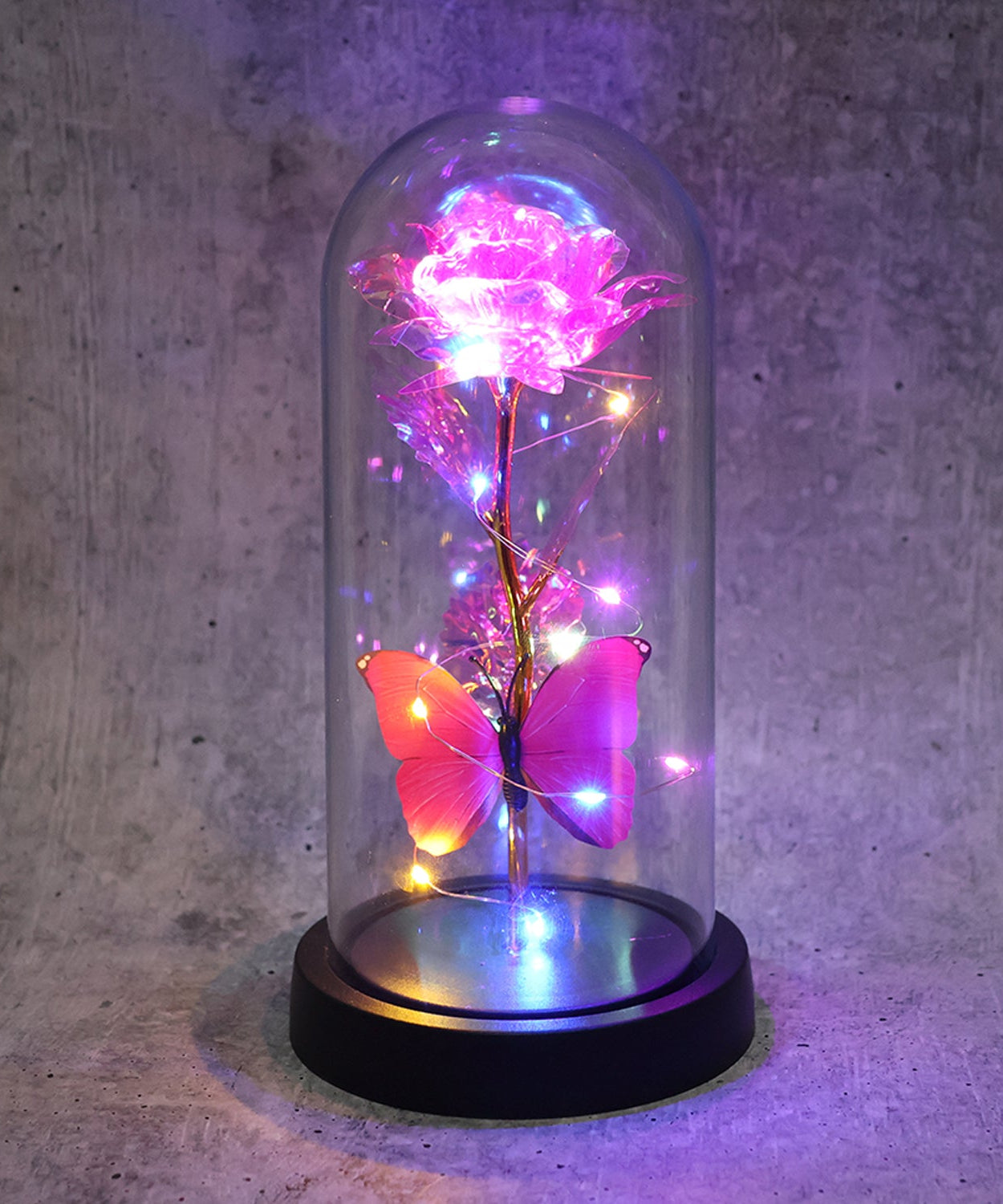 LED Decorative Rose with Butterfly in Transparent Plastic Dome (1 Pc / Battery Not Included)
