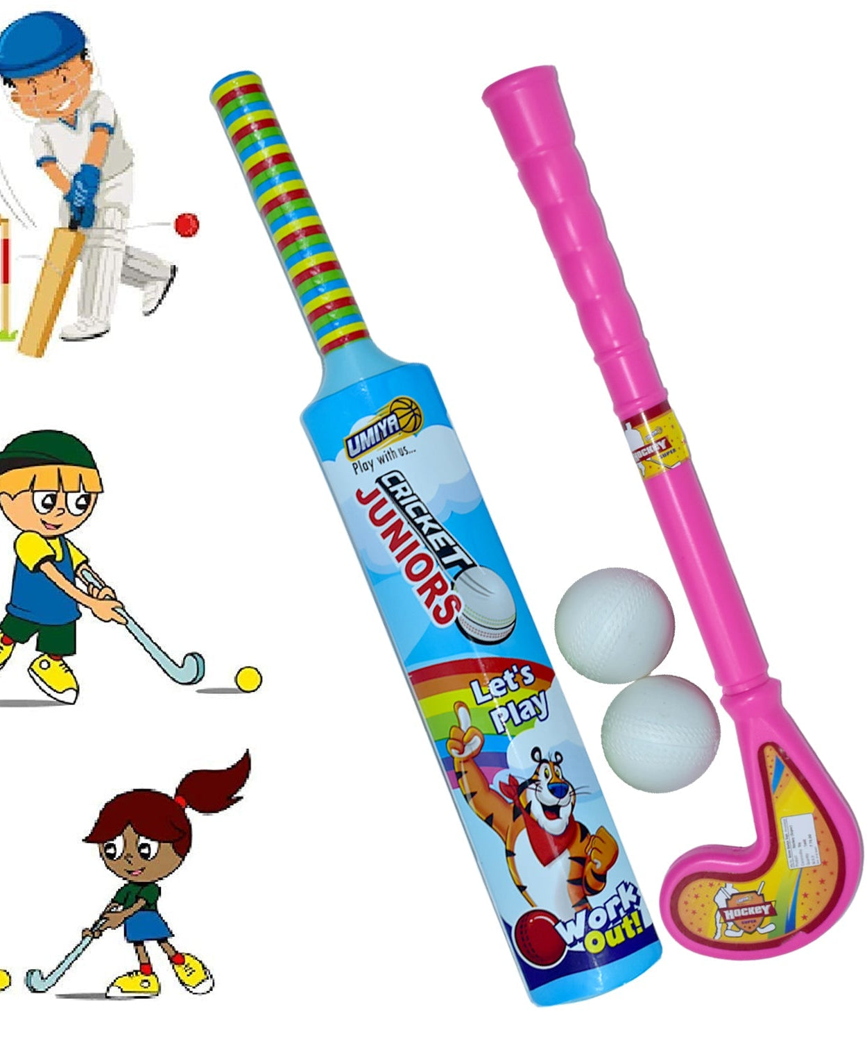 Different views of kid-friendly plastic bat, ball, and hockey set