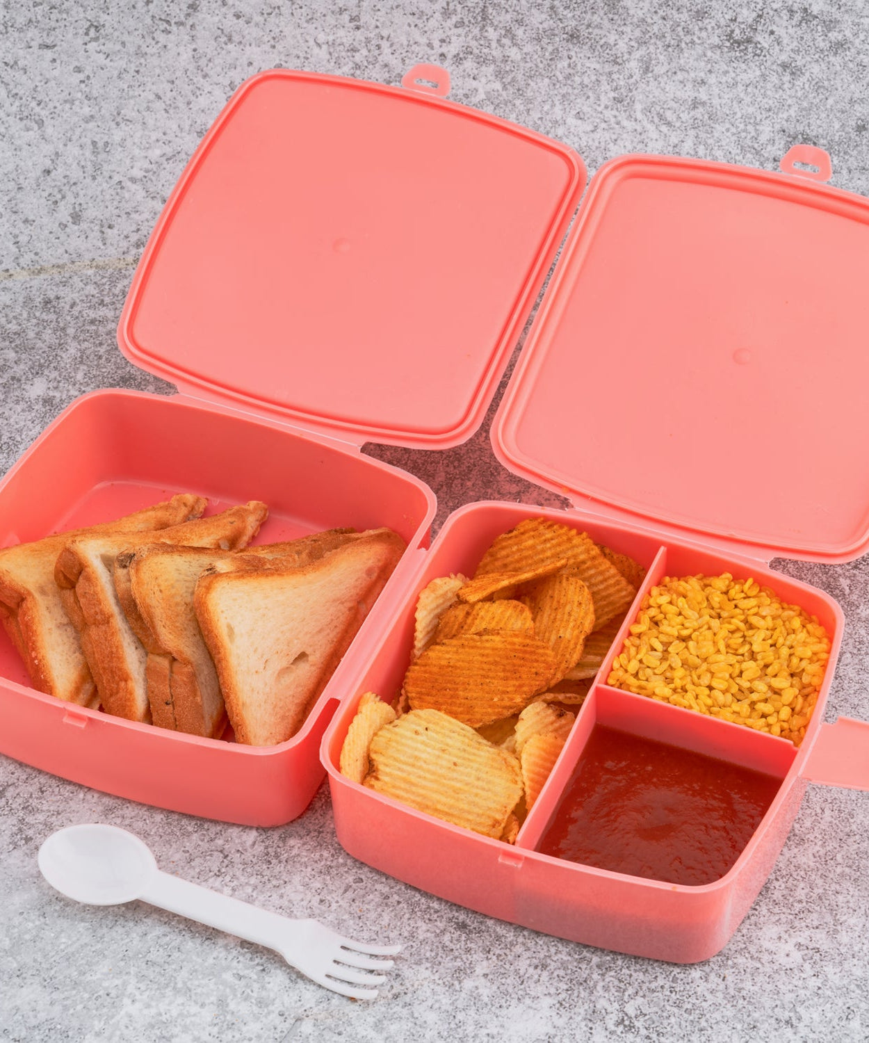 Plastic lunch box with push lock and spoon