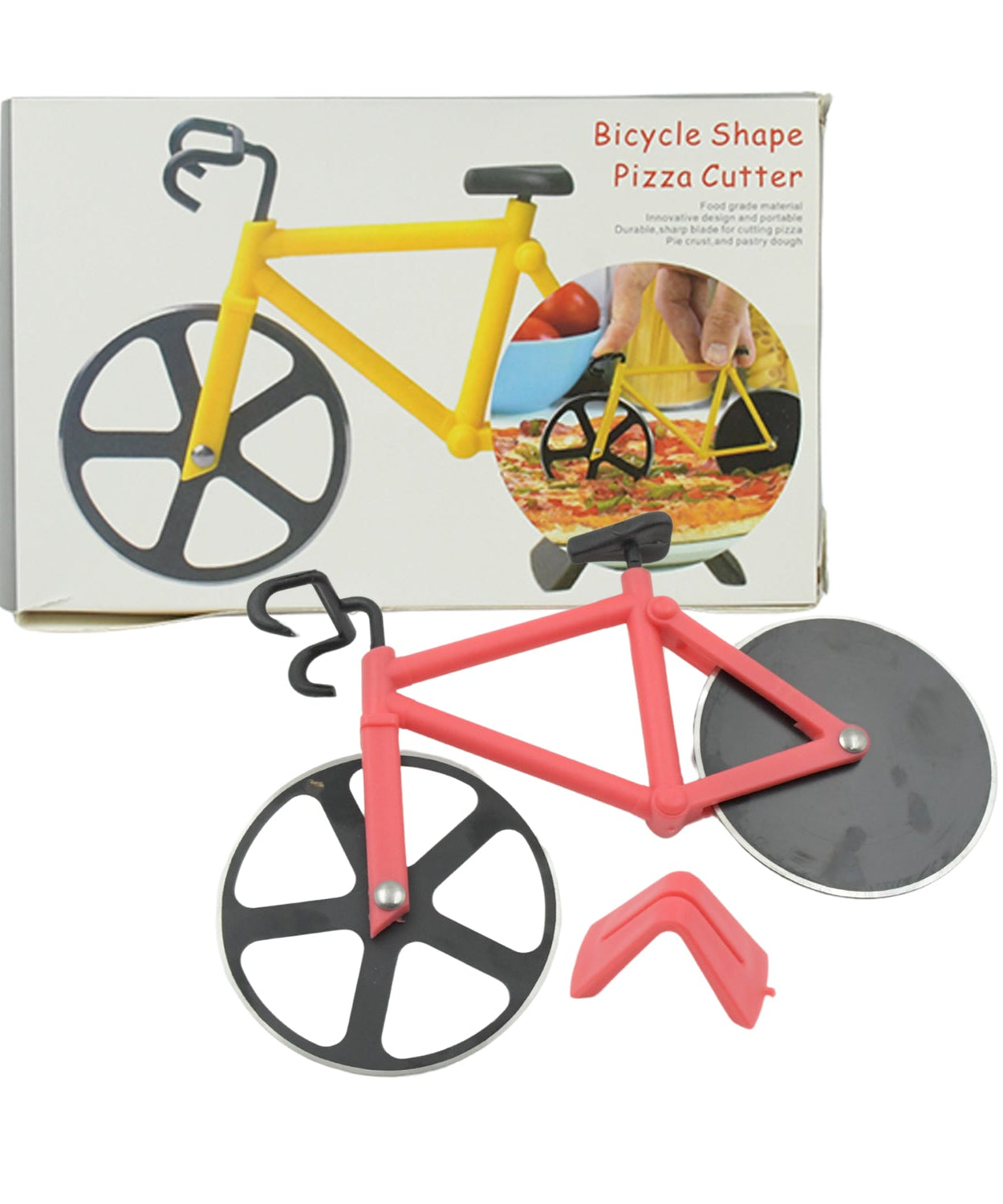 Bicycle pizza cutter with a durable handle and sharp stainless steel blade.