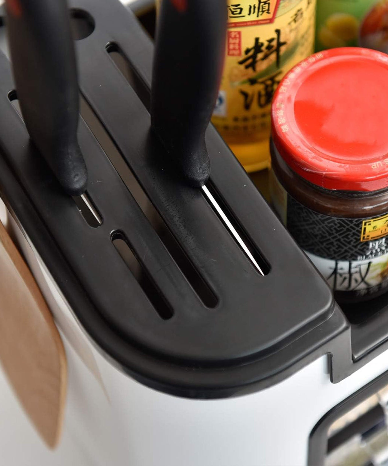 Multifunctional Kitchen Storage Organizer Rack with 6 Spice Containers, Knife & Spoon Holder, and Top Shelf