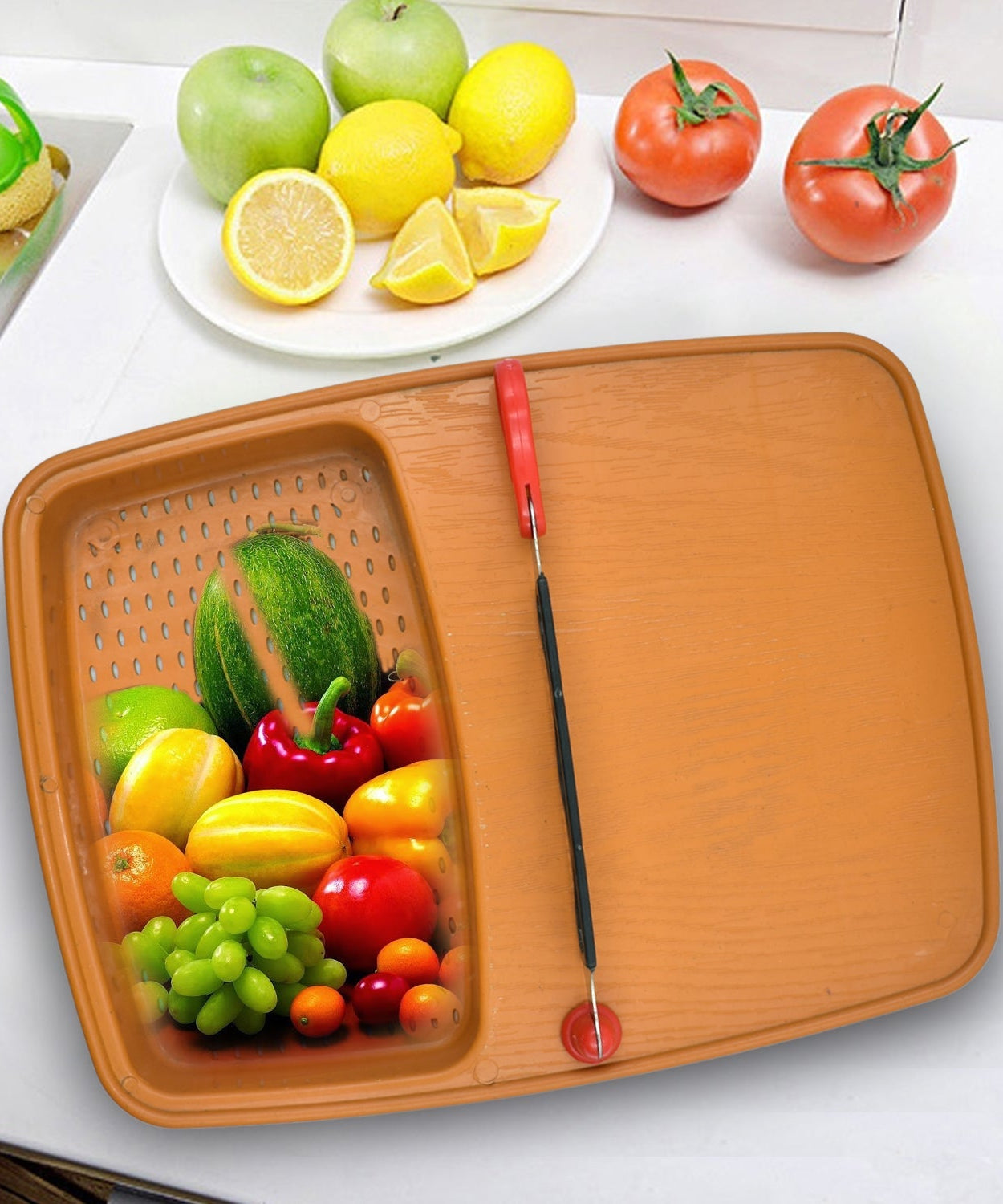 Thick plastic kitchen tray with slicing and cutting features.