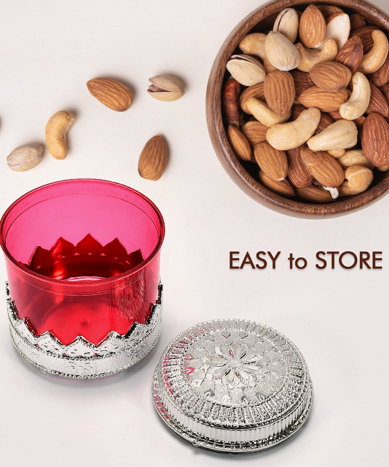 Clear dry fruit container with diamond design, close-up