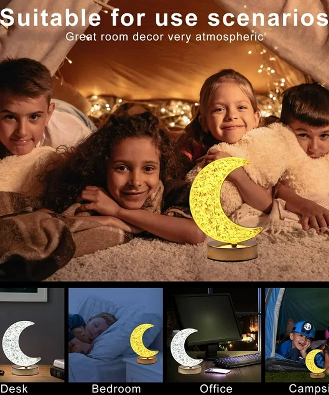 Crystal Table Lamp | Moon Shape Touch Control Lamp with 3 Color | Metal Bedside Lamp for Kids Bedroom Romantic Desktop Nightstand | Stepless Dimming USB Charging Touch Night Light