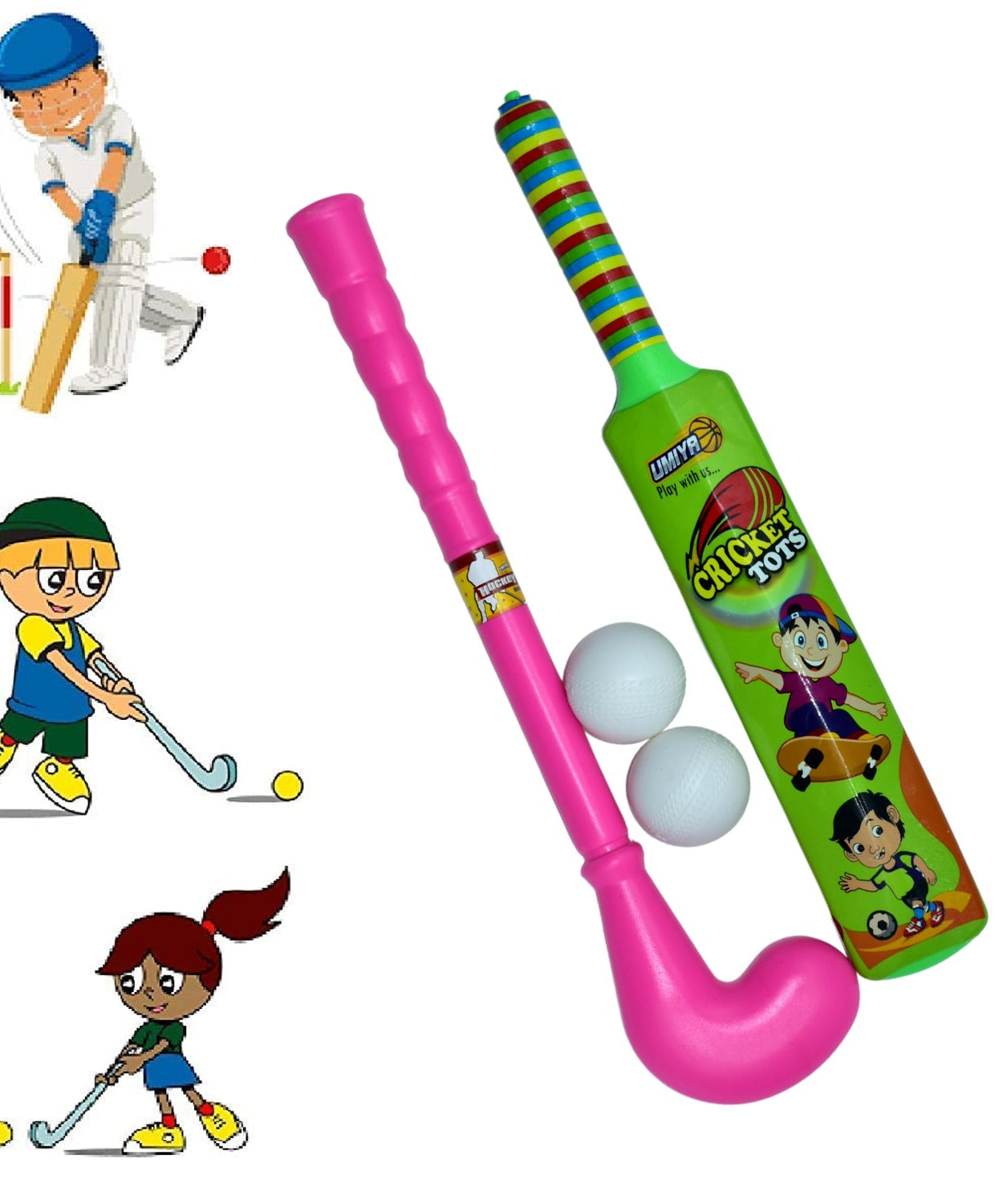 Lightweight plastic bat, ball, and hockey set for kids