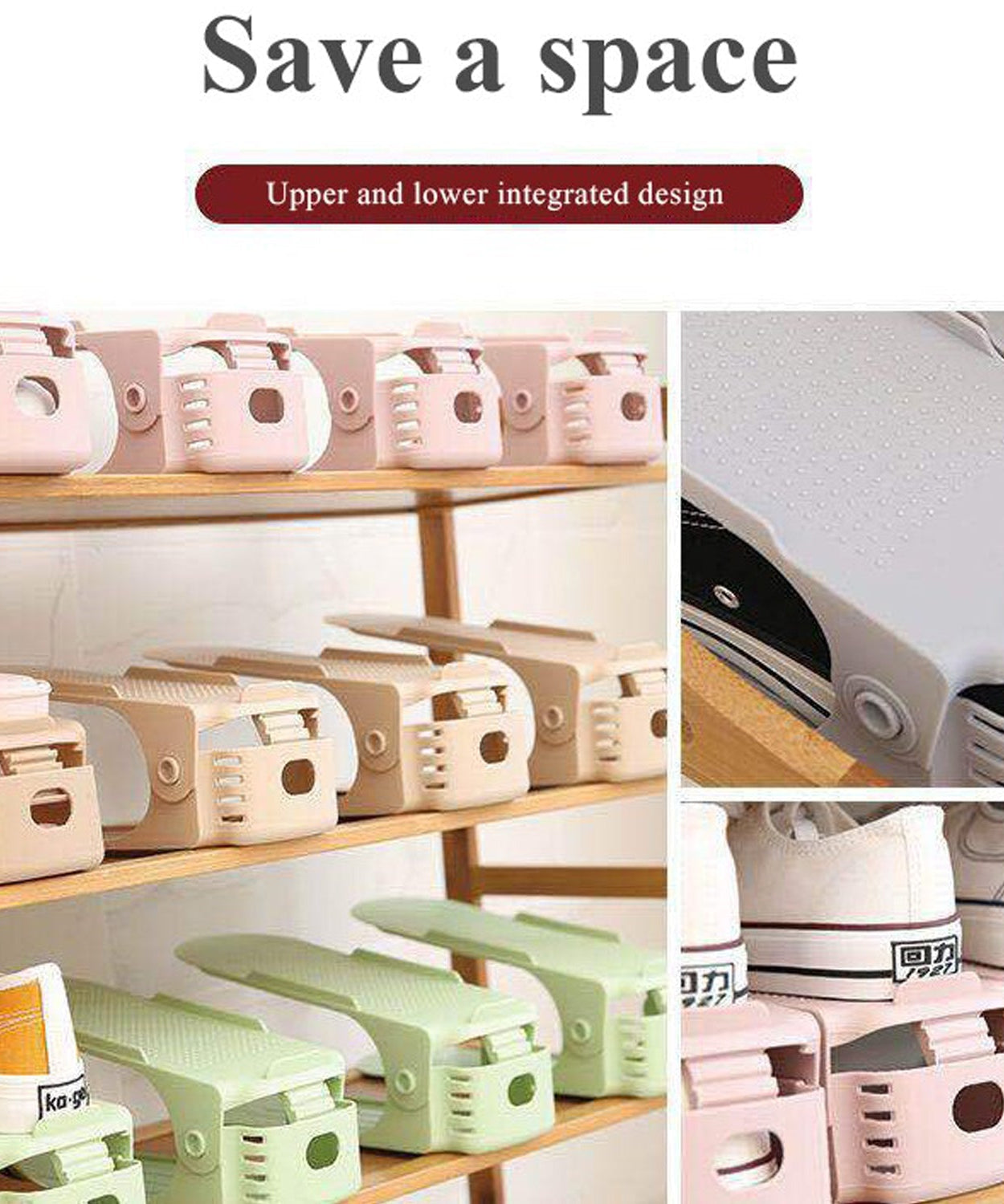 Adjustable shoe organizer slots, folding design for easy storage.