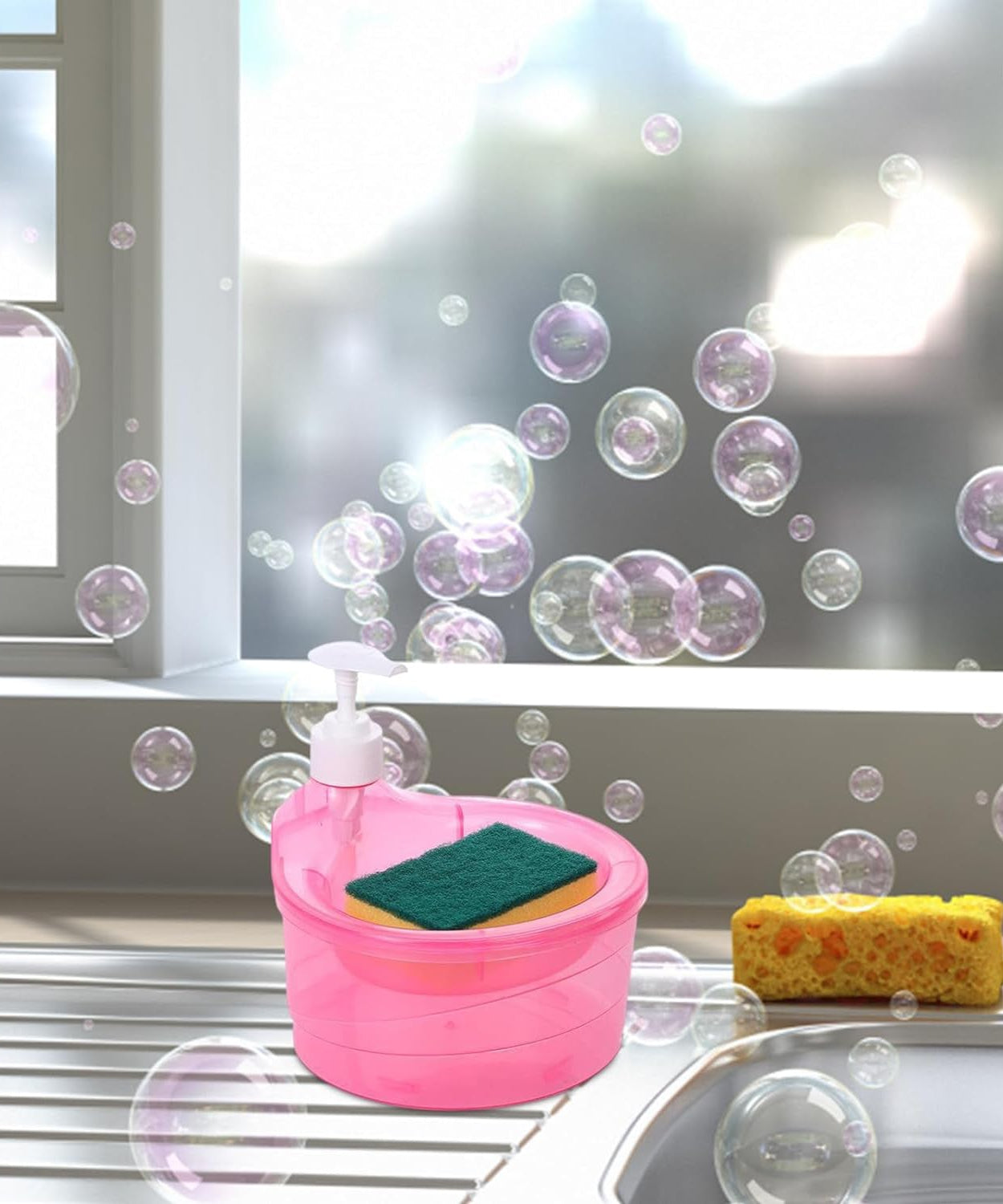 2-in-1 Double Layer Liquid Soap Dispenser with Pump & Sponge – Practical Kitchen & Hotel Sink Soap Pump Bottle (Rectangle)