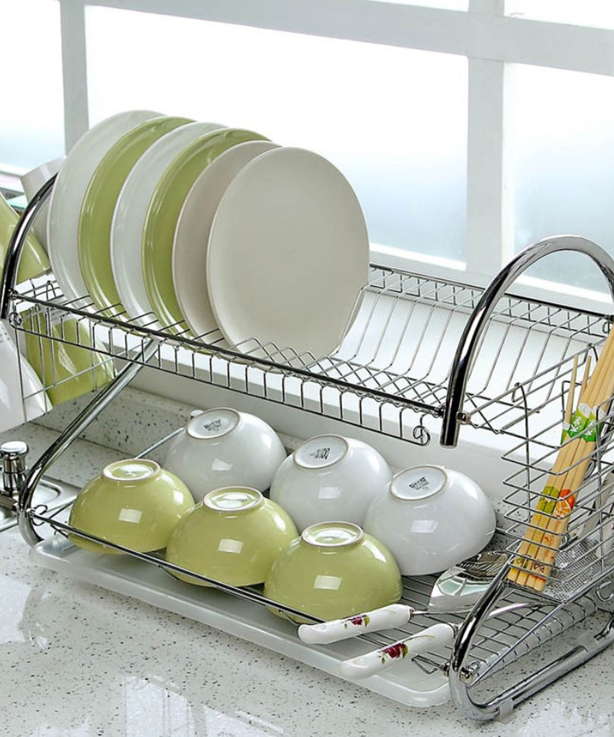 2-layer stainless steel kitchen dish rack, ideal for plates and cutlery